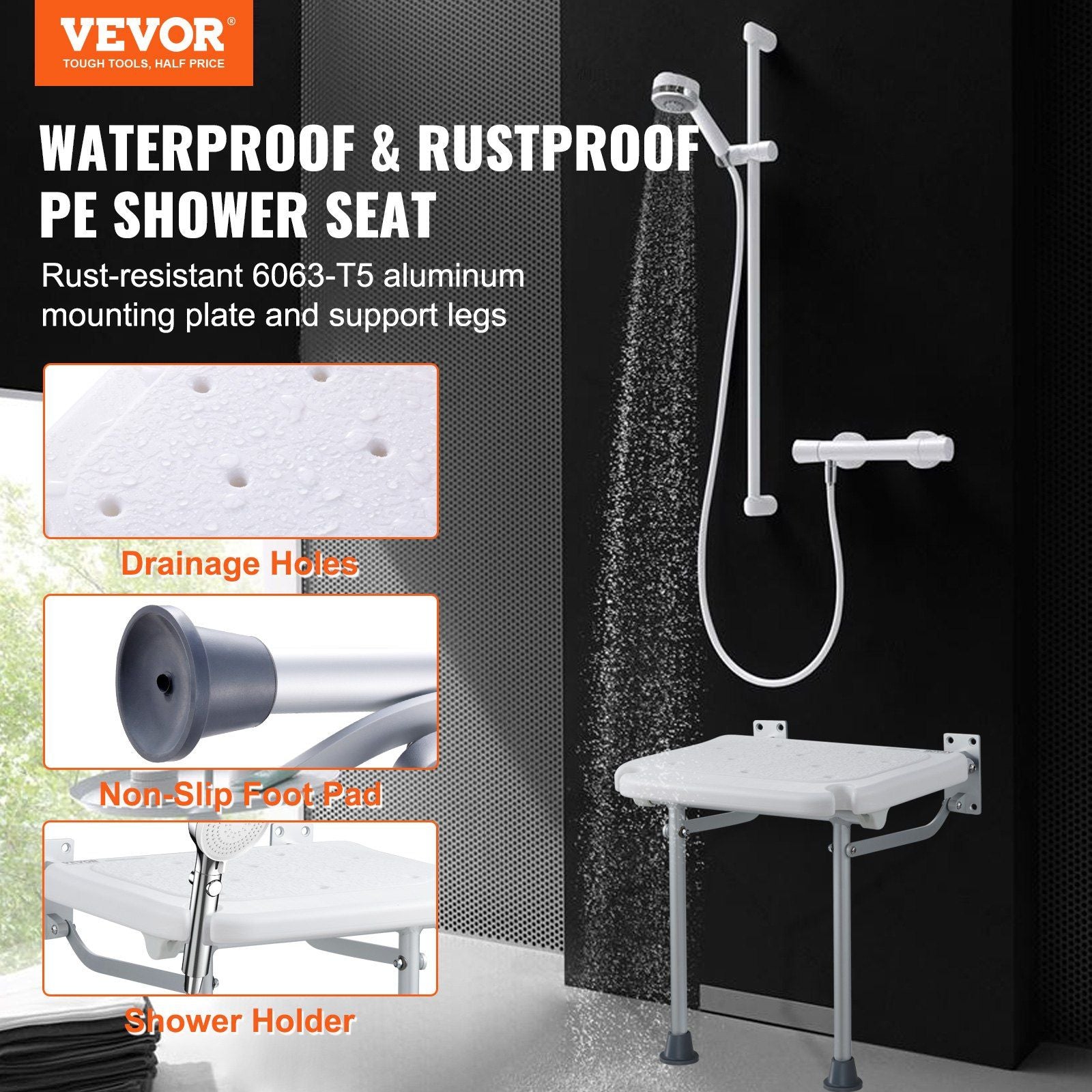 Folding PE Shower Seat, 15.7'' x 14.8'' Unfolded, Wall Mounted Fold Up Shower Bench with 500 lbs Load V952-SLKPEZCTWKB16SNT7V0