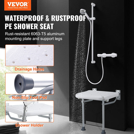 Folding PE Shower Seat, 15.7'' x 14.8'' Unfolded, Wall Mounted Fold Up Shower Bench with 500 lbs Load V952-SLKPEZCTWKB16SNT7V0