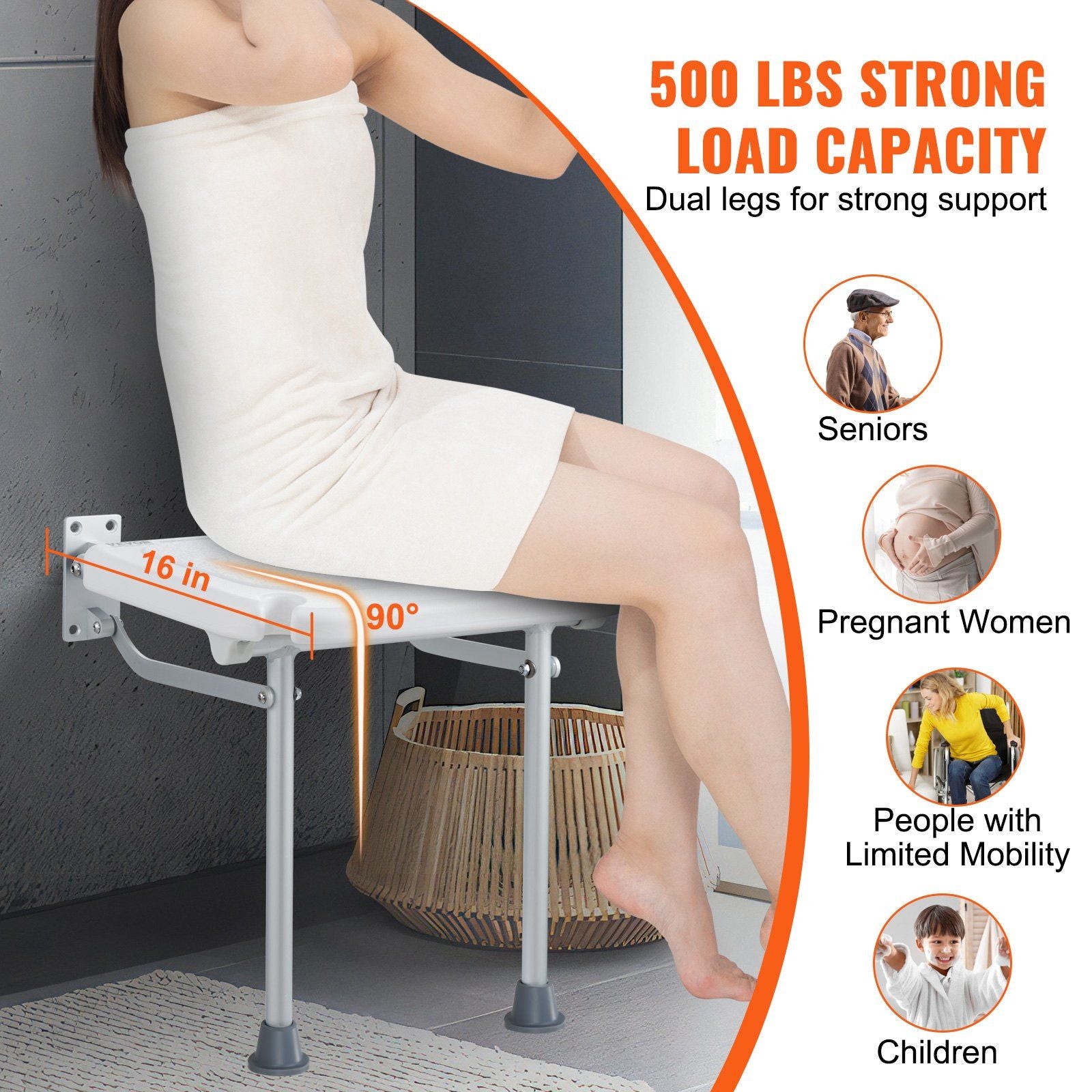 Folding PE Shower Seat, 15.7'' x 14.8'' Unfolded, Wall Mounted Fold Up Shower Bench with 500 lbs Load V952-SLKPEZCTWKB16SNT7V0