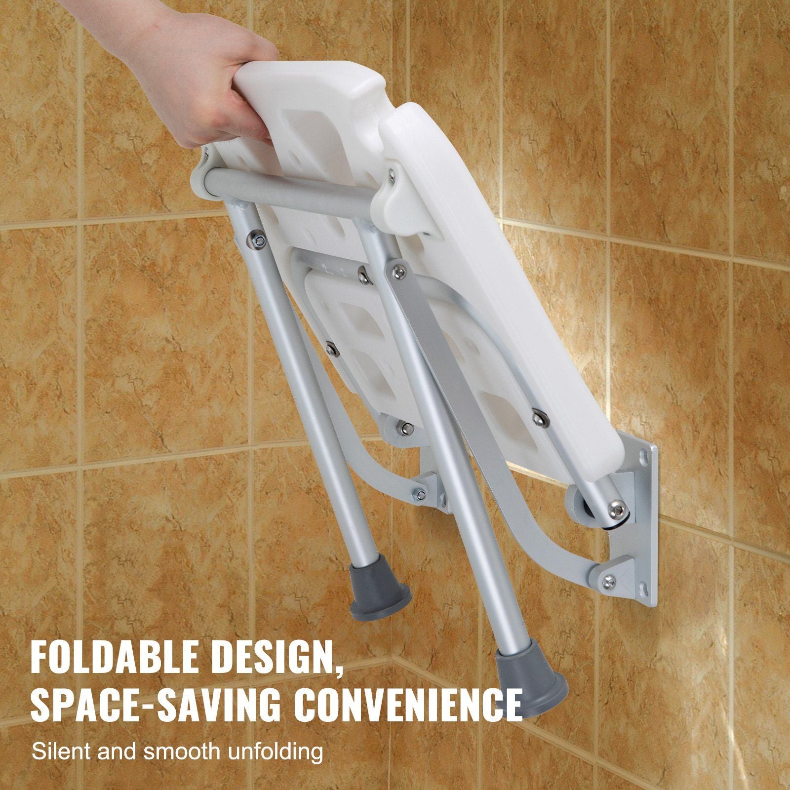 Folding PE Shower Seat, 15.7'' x 14.8'' Unfolded, Wall Mounted Fold Up Shower Bench with 500 lbs Load V952-SLKPEZCTWKB16SNT7V0