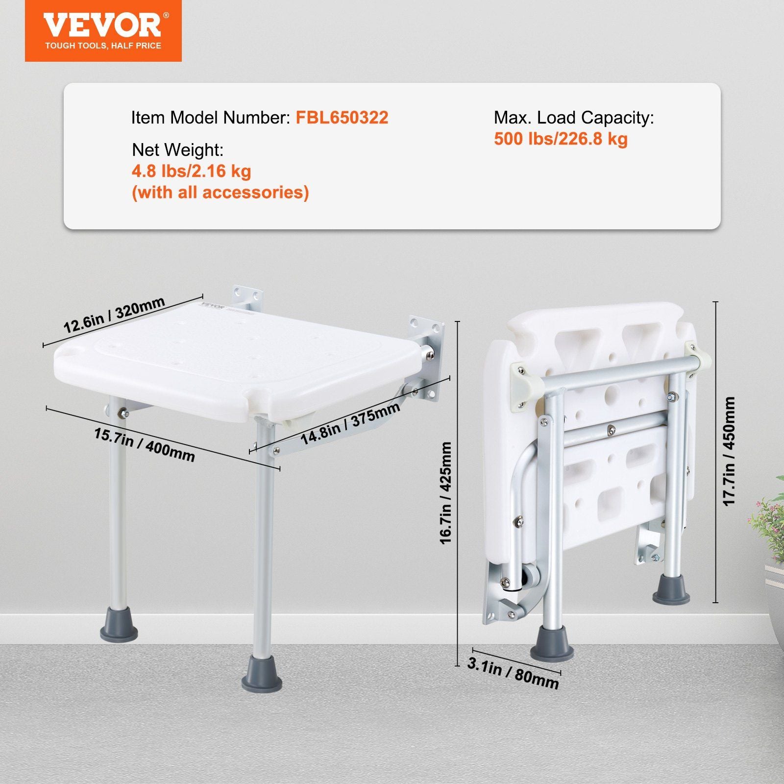 Folding PE Shower Seat, 15.7'' x 14.8'' Unfolded, Wall Mounted Fold Up Shower Bench with 500 lbs Load V952-SLKPEZCTWKB16SNT7V0