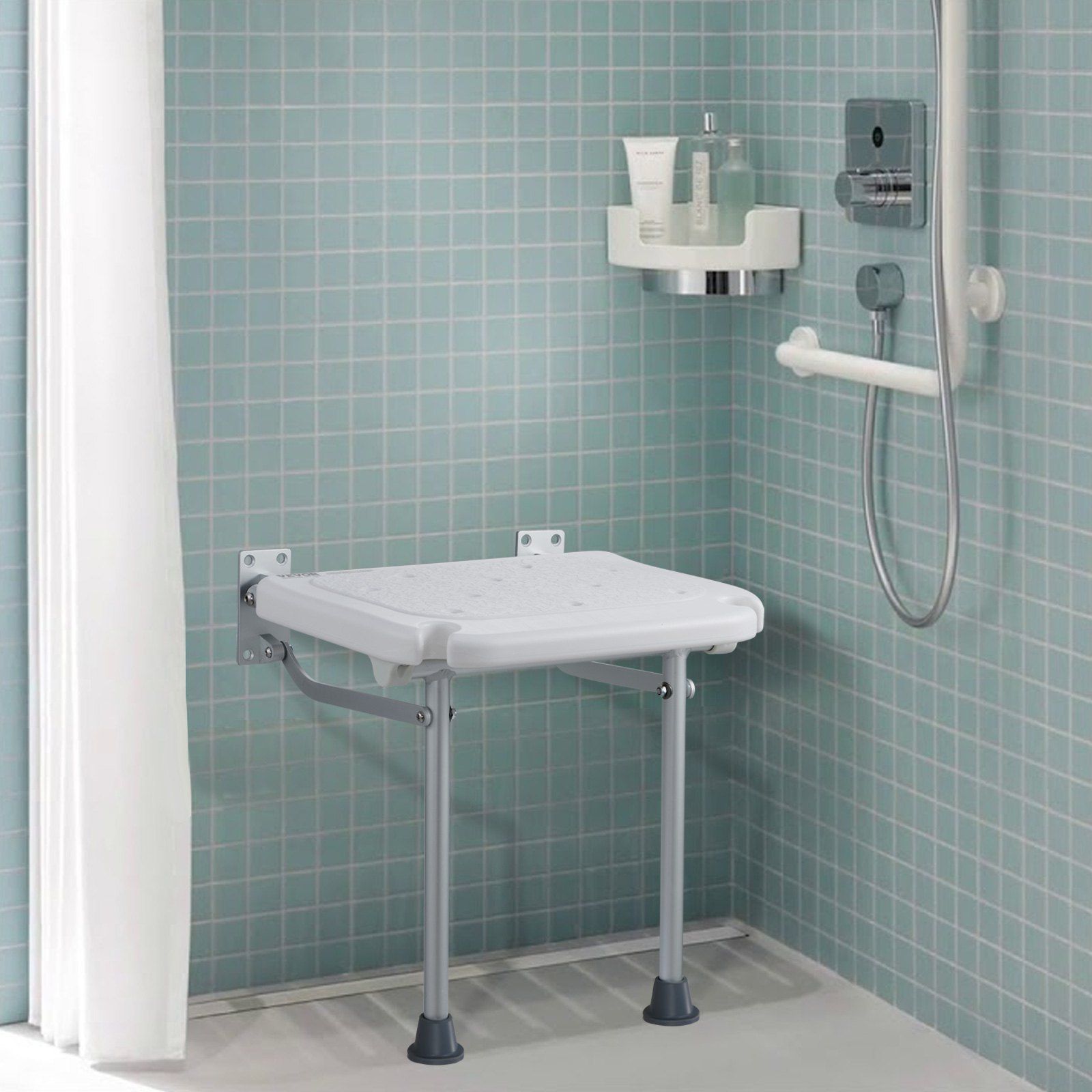 Folding PE Shower Seat, 15.7'' x 14.8'' Unfolded, Wall Mounted Fold Up Shower Bench with 500 lbs Load V952-SLKPEZCTWKB16SNT7V0