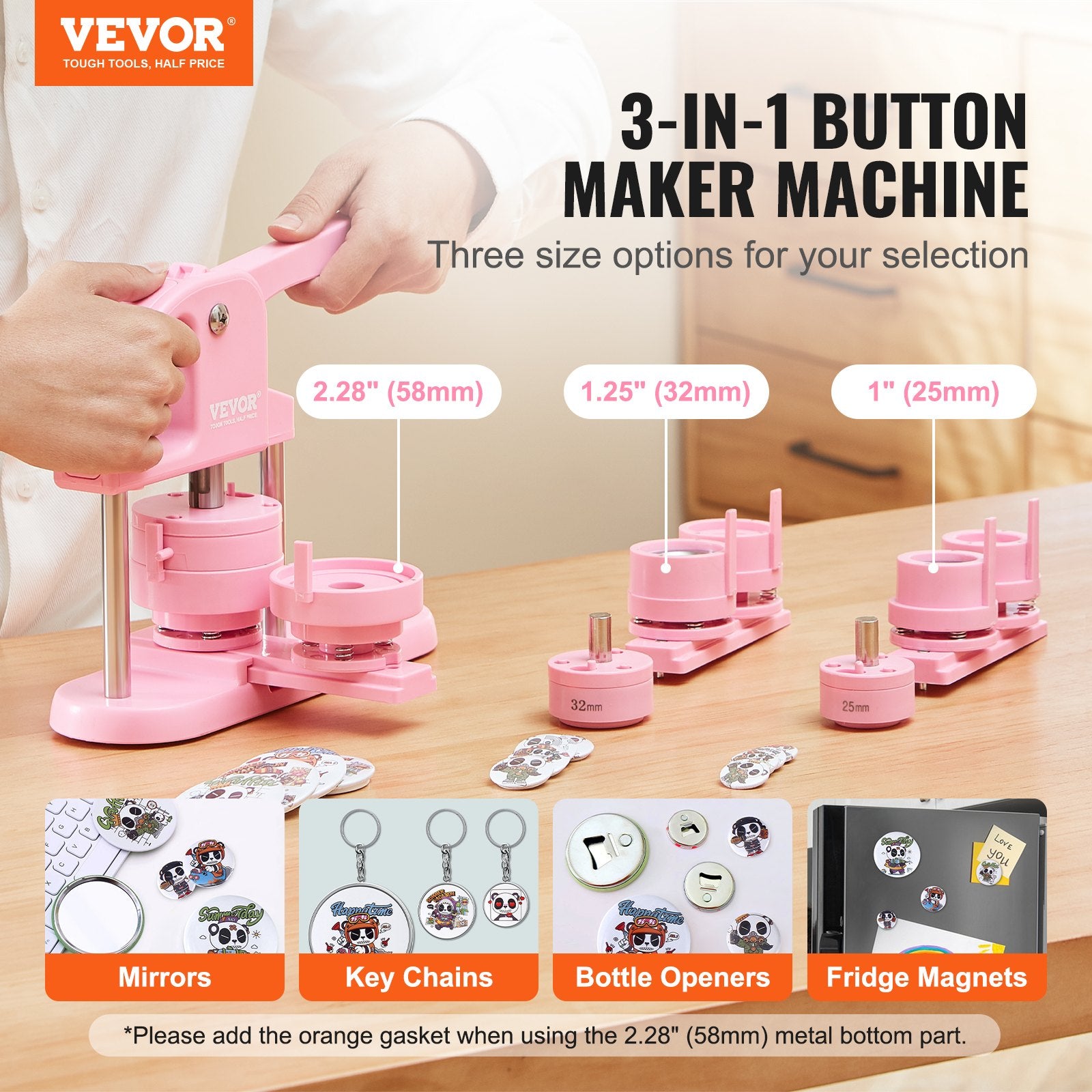 Button Maker, 1/1.25/2.28 inch(25/32/58mm) 3-IN-1 Pin Maker, 300pcs Button Parts, Button Maker Machine with V952-SLKXZJ253258RAQREV0