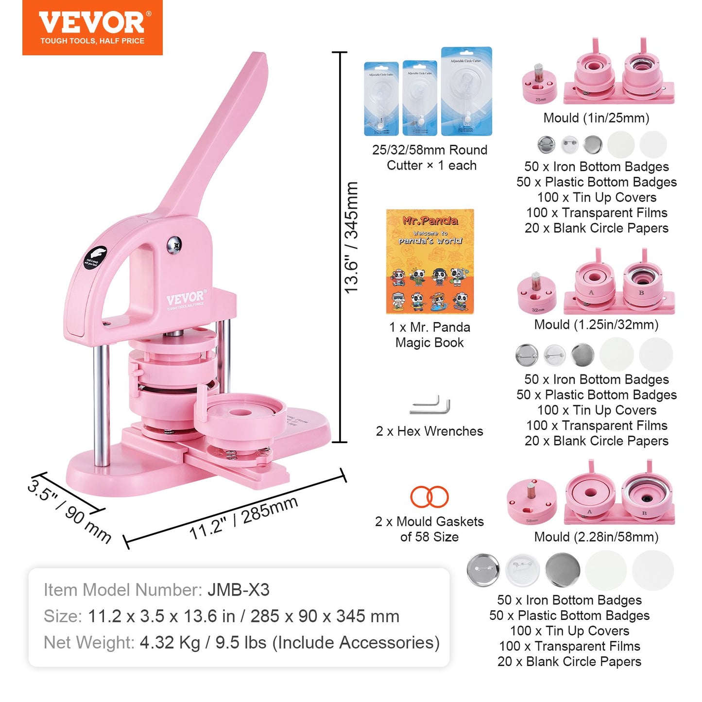 Button Maker, 1/1.25/2.28 inch(25/32/58mm) 3-IN-1 Pin Maker, 300pcs Button Parts, Button Maker Machine with V952-SLKXZJ253258RAQREV0