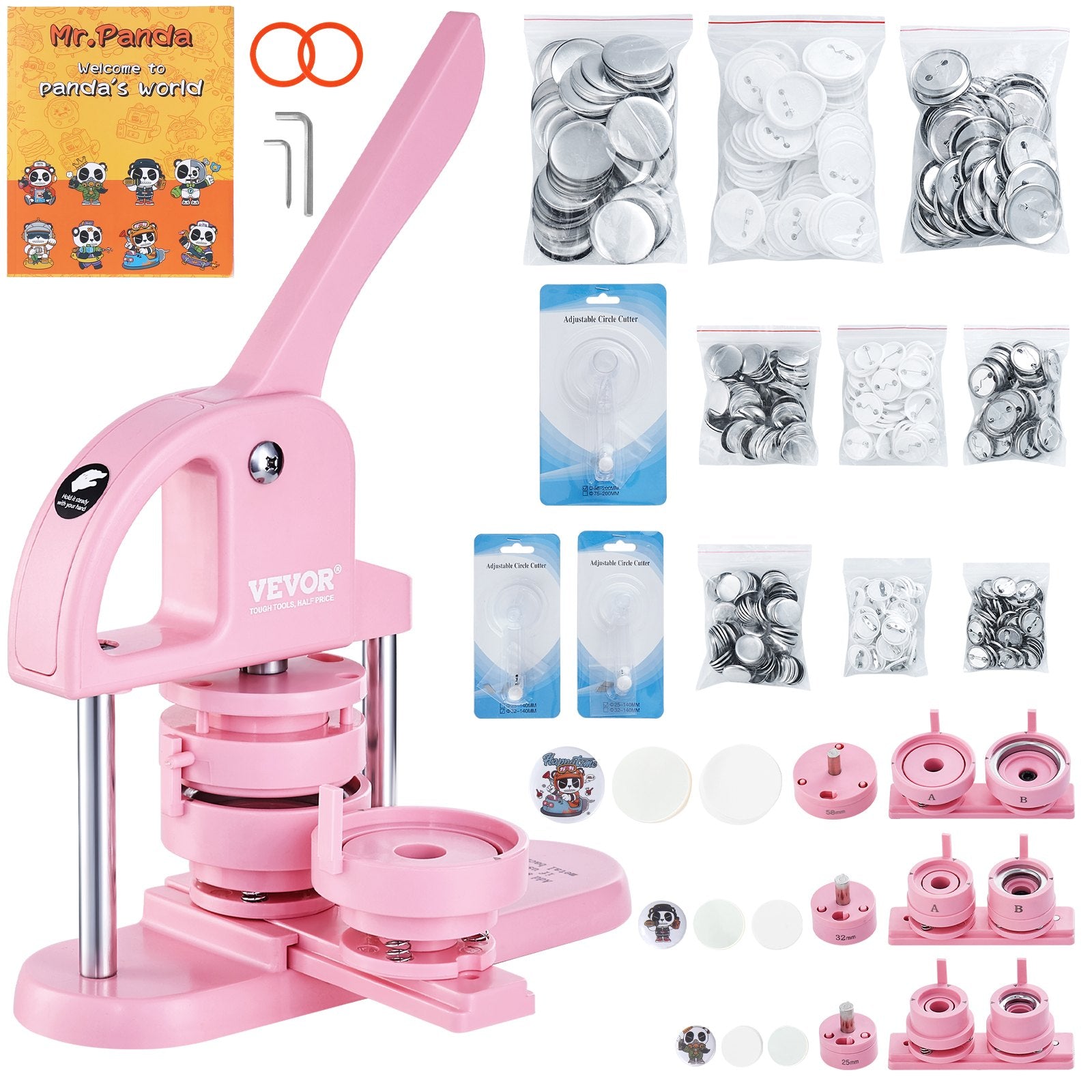 Button Maker, 1/1.25/2.28 inch(25/32/58mm) 3-IN-1 Pin Maker, 300pcs Button Parts, Button Maker Machine with V952-SLKXZJ253258RAQREV0
