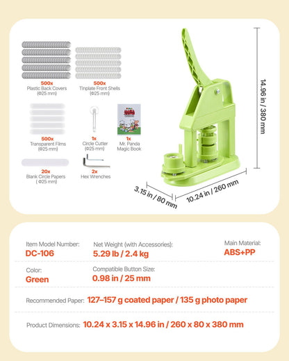 Button Maker Machine, 25 mm, Plastic Pin Maker with 500pcs Button Parts, Mr. Panda Magic Book, Circle Cutter V952-SLKXZJ25MMSLS83X1001V0