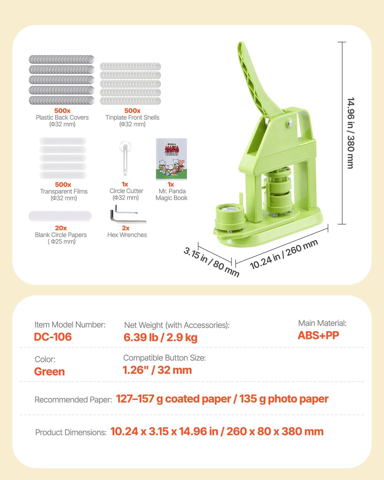 Button Maker Machine, 32 mm, Plastic Pin Maker with 500pcs Button Parts, Mr. Panda Magic Book, Circle Cutter V952-SLKXZJ32MMSLOSODO001V0