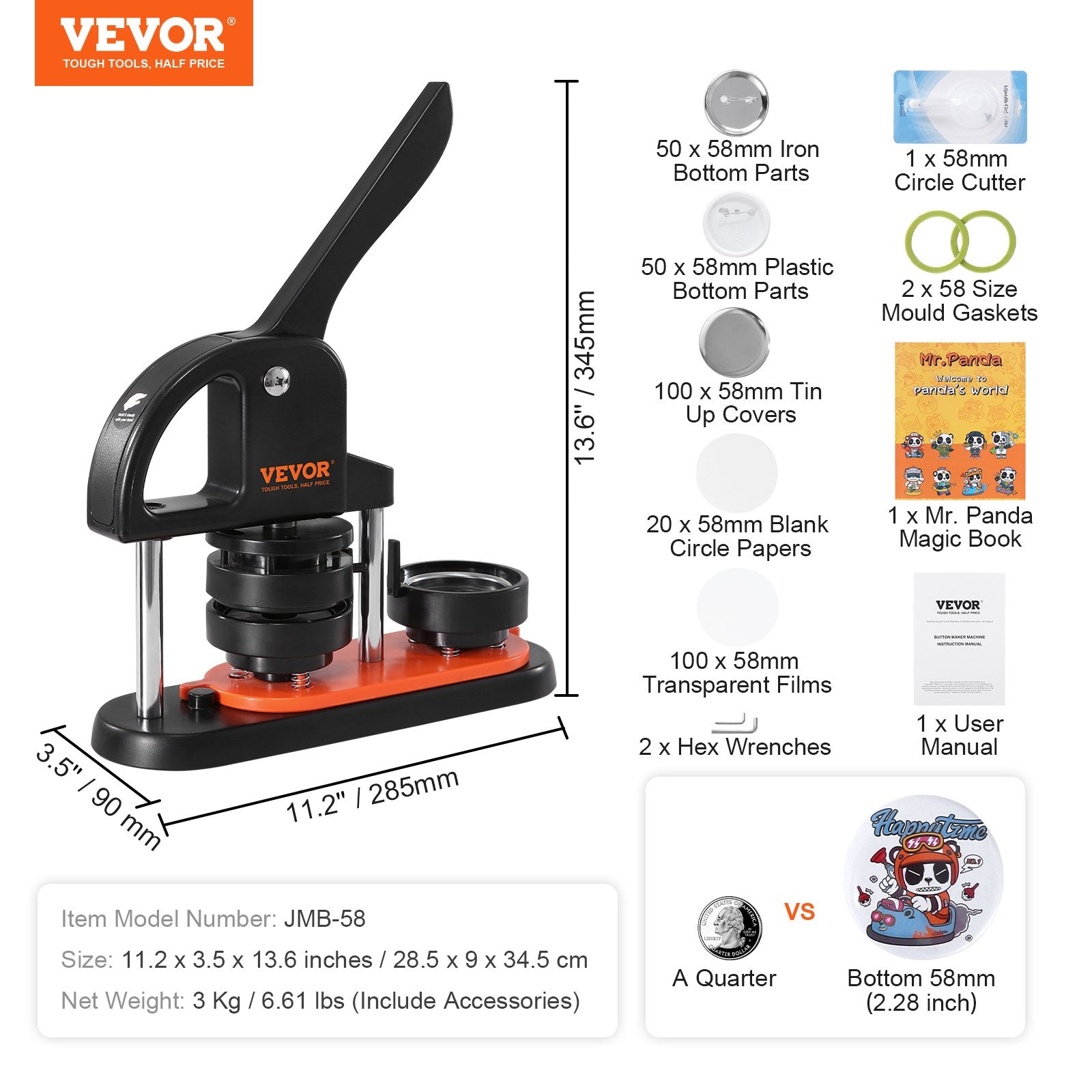Button Maker Machine, 2.28 inch/58mm Pin Maker, Installation-Free Badge Punch Press Kit, Children DIY Gifts V952-SLKXZJ58MM100NXJ1V0