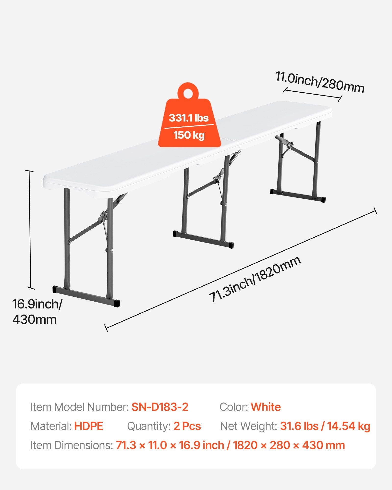 Plastic Folding Bench, 6 ft Portable Bench for Indoor/Outdoor Picnic Party Patio Camping Dining, Foldable V952-SLKZDYDZY6FTUQW6VV0