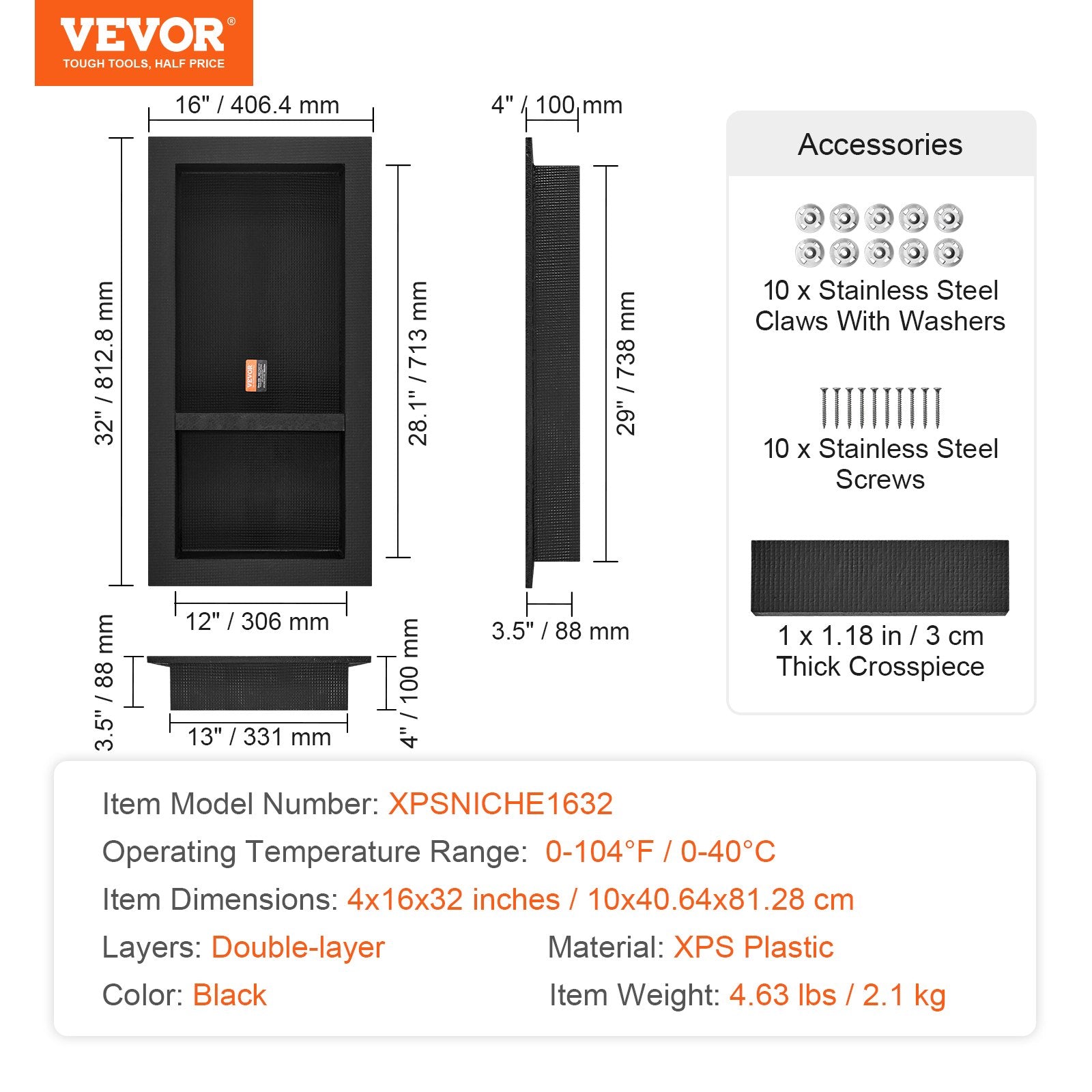 Shower Niche Ready for Tile 40.64 x 81.28 cm, Double Shelf Organizer, Square Corners Wall-inserted Niche V952-SLLYBK2C16YCZ39ANV0