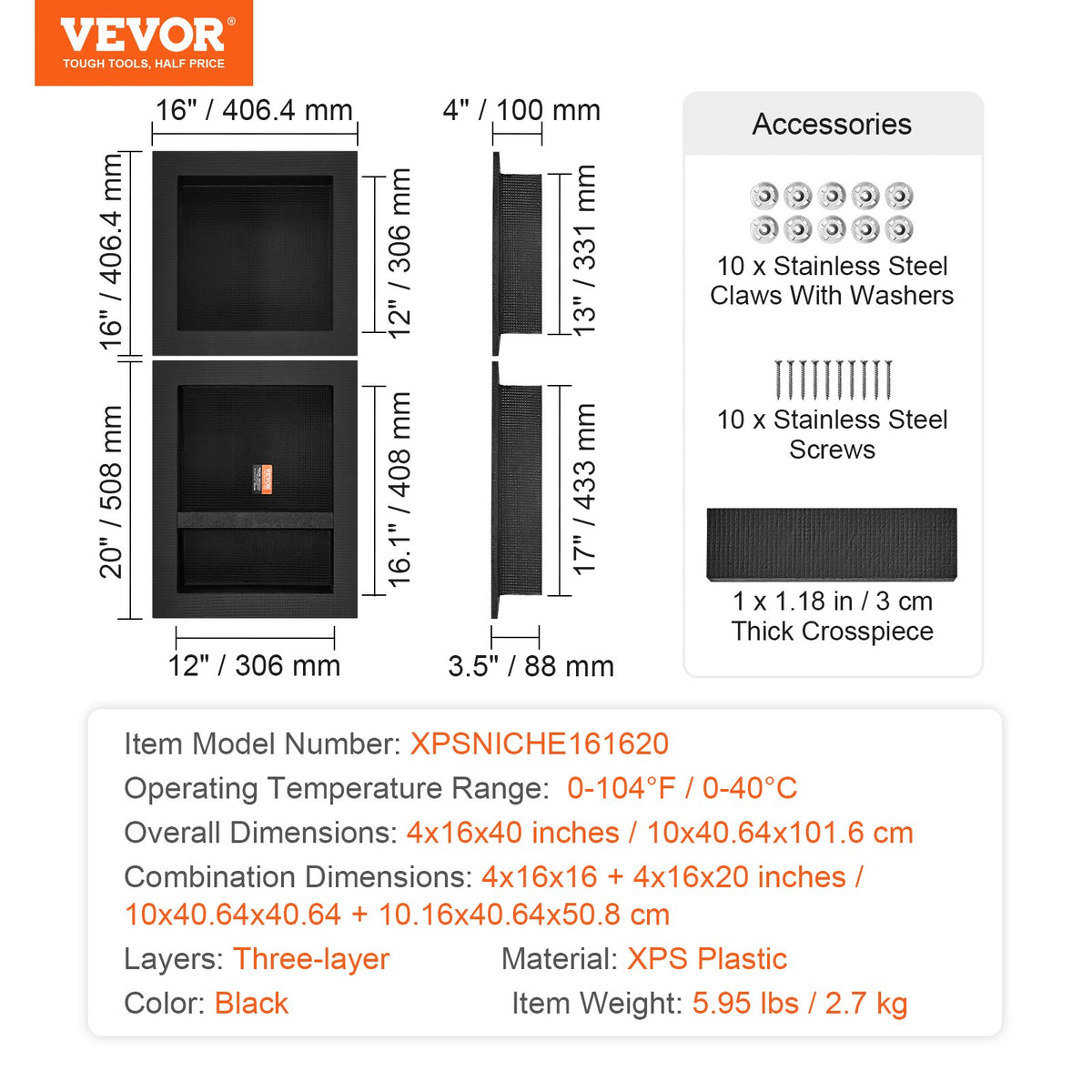 Shower Niche Ready for Tile 40.64x40.64cm & 40.64x50.8cm, Triple Shelf, Square Corners Wall-inserted Niche V952-SLLYBK3C16YCJMSU0V0