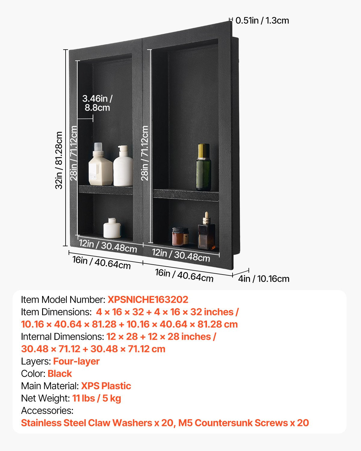 Shower Niche 40.6 x 81.3 + 40.6 x 81.3 cm Recessed Wall Shelf Bathroom V952-SLLYBK4C16INFBXDC001V0