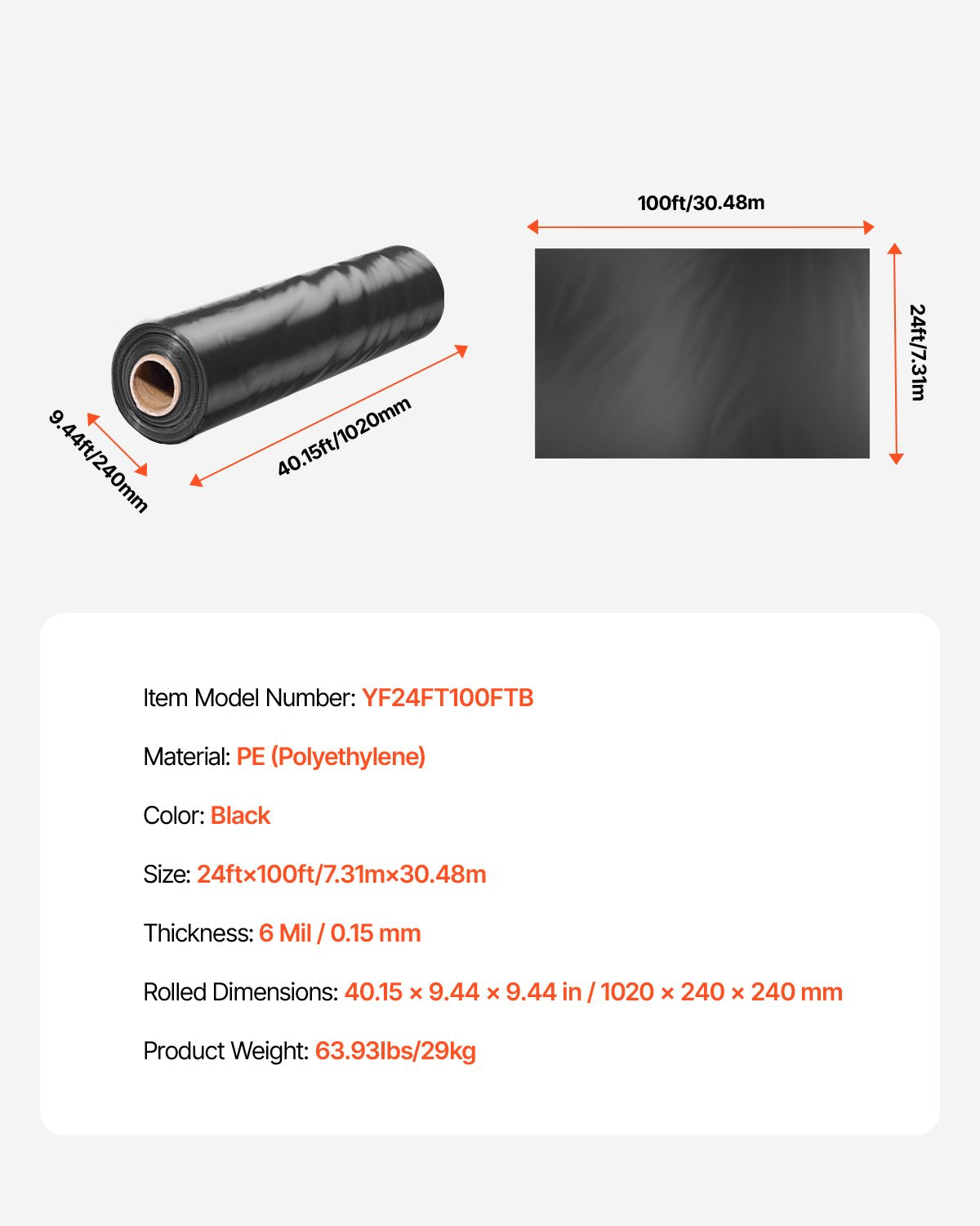 6Mil Plastic Sheeting Roll 24 x 100 FT Heavy Duty Polyethylene Black V952-SLM24FT100FTKVEHIV0