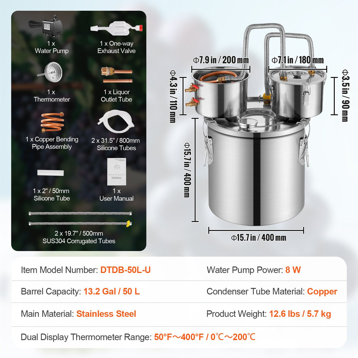 Moonshine Still Water Alcohol Distiller 13.2Gal w/Thumper Keg & Water Pump V952-SLNTZLQYS132KEQNIV3