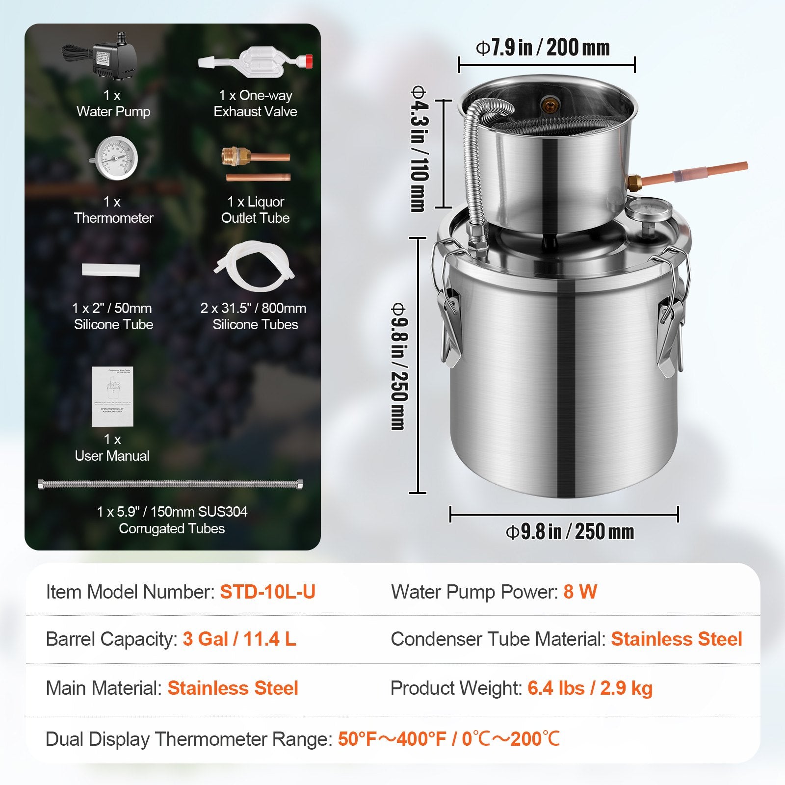 Moonshine Still Water Alcohol Distiller 3Gal w/ Water Pump Stainless Steel V952-SLNTZLQYS35LKMGUCV3