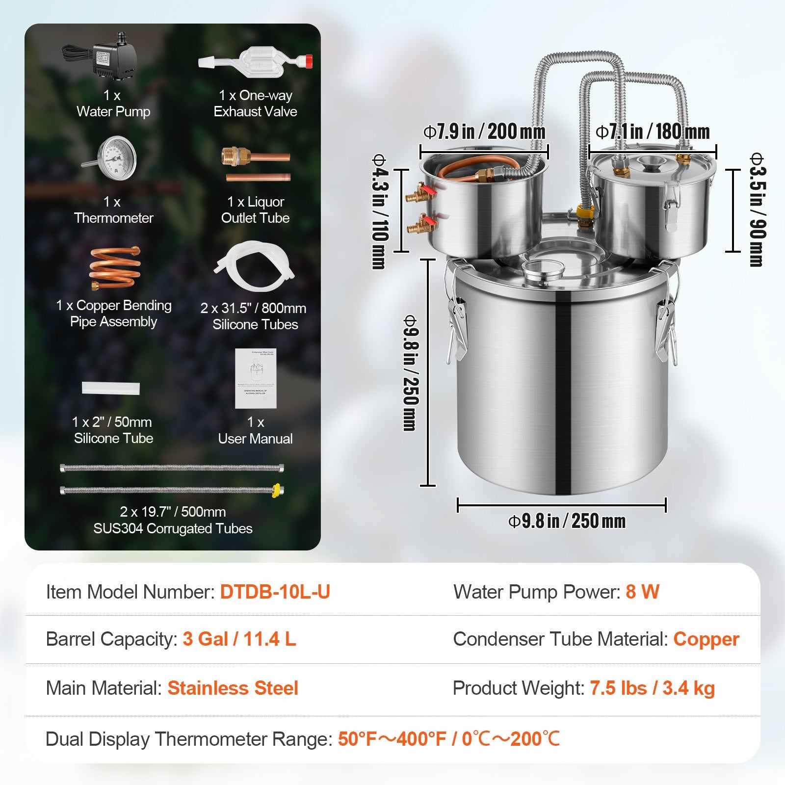 Alcohol Still, 3 Gal / 11.4 L Stainless Steel Water Alcohol Distiller with Copper Coil for Fast Cooling, Dual V952-SLNTZLQYS3JLKIIBBV3