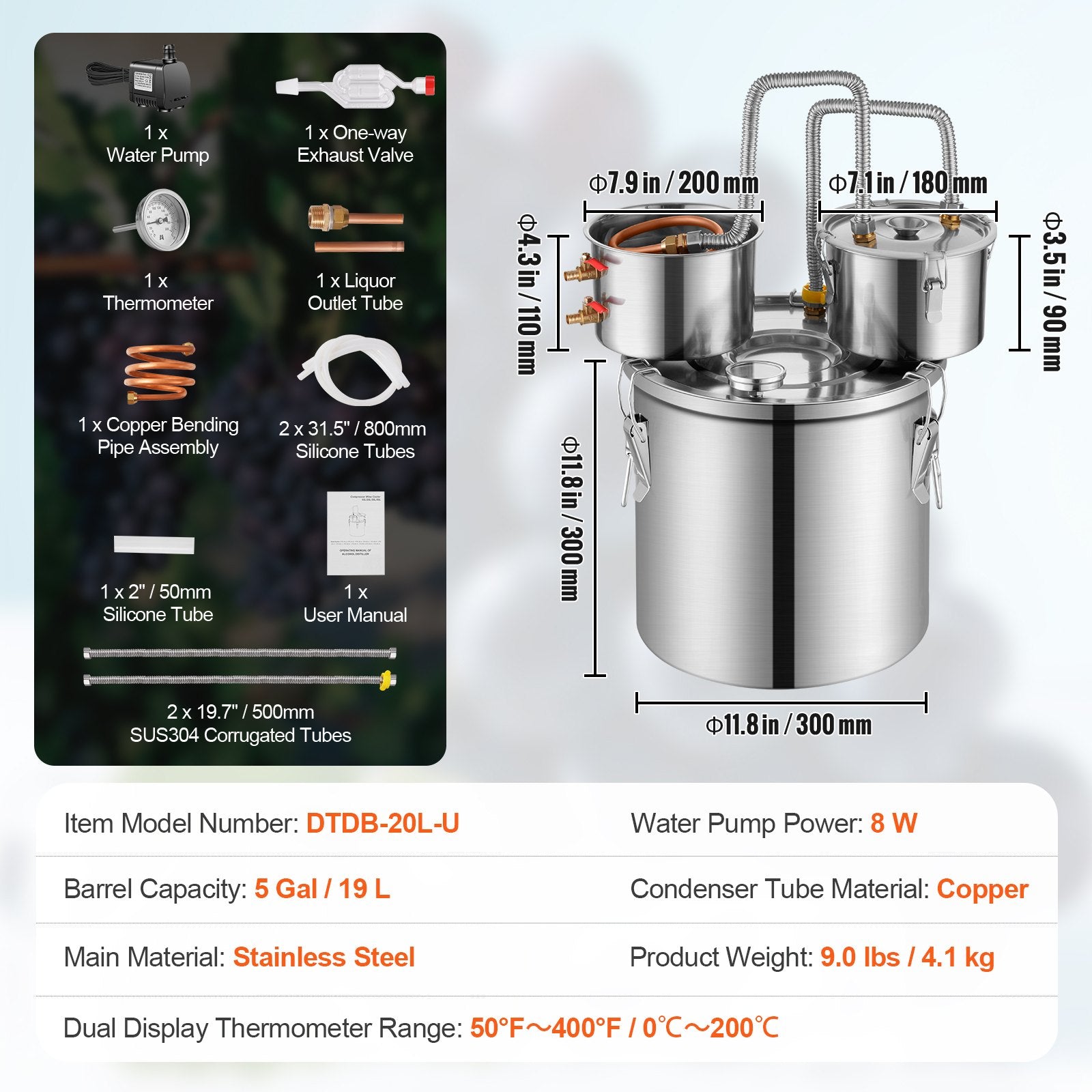 Alcohol Still, 5 Gal / 19 L Stainless Steel Water Alcohol Distiller with Copper Coil for Fast Cooling, Dual V952-SLNTZLQYS5JL5CR5ZV3