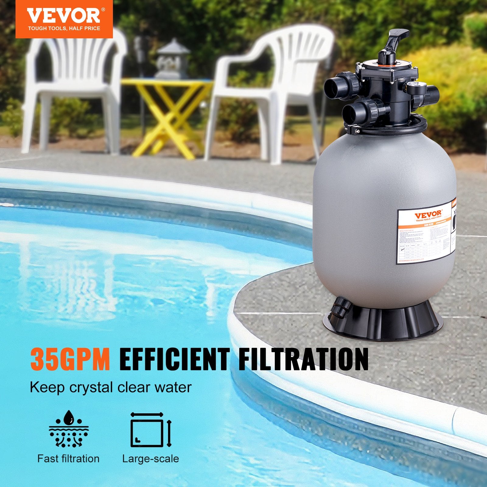 Sand Filter, 16-inch, 406.4mm, Up to 35 GPM Flow Rate, Above Inground Swimming Pool Sand Filter System with V952-SLQYC1635GPM7QADPV0