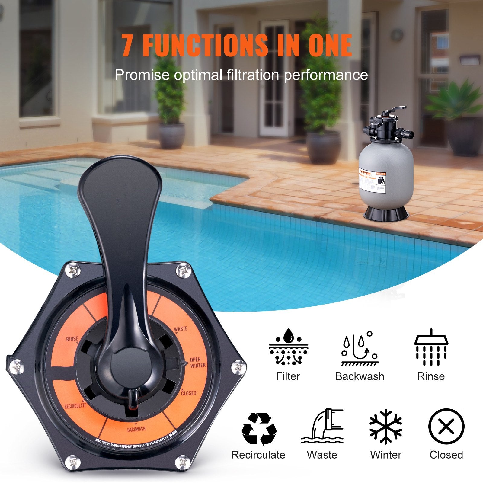 Sand Filter, 16-inch, 406.4mm, Up to 35 GPM Flow Rate, Above Inground Swimming Pool Sand Filter System with V952-SLQYC1635GPM7QADPV0