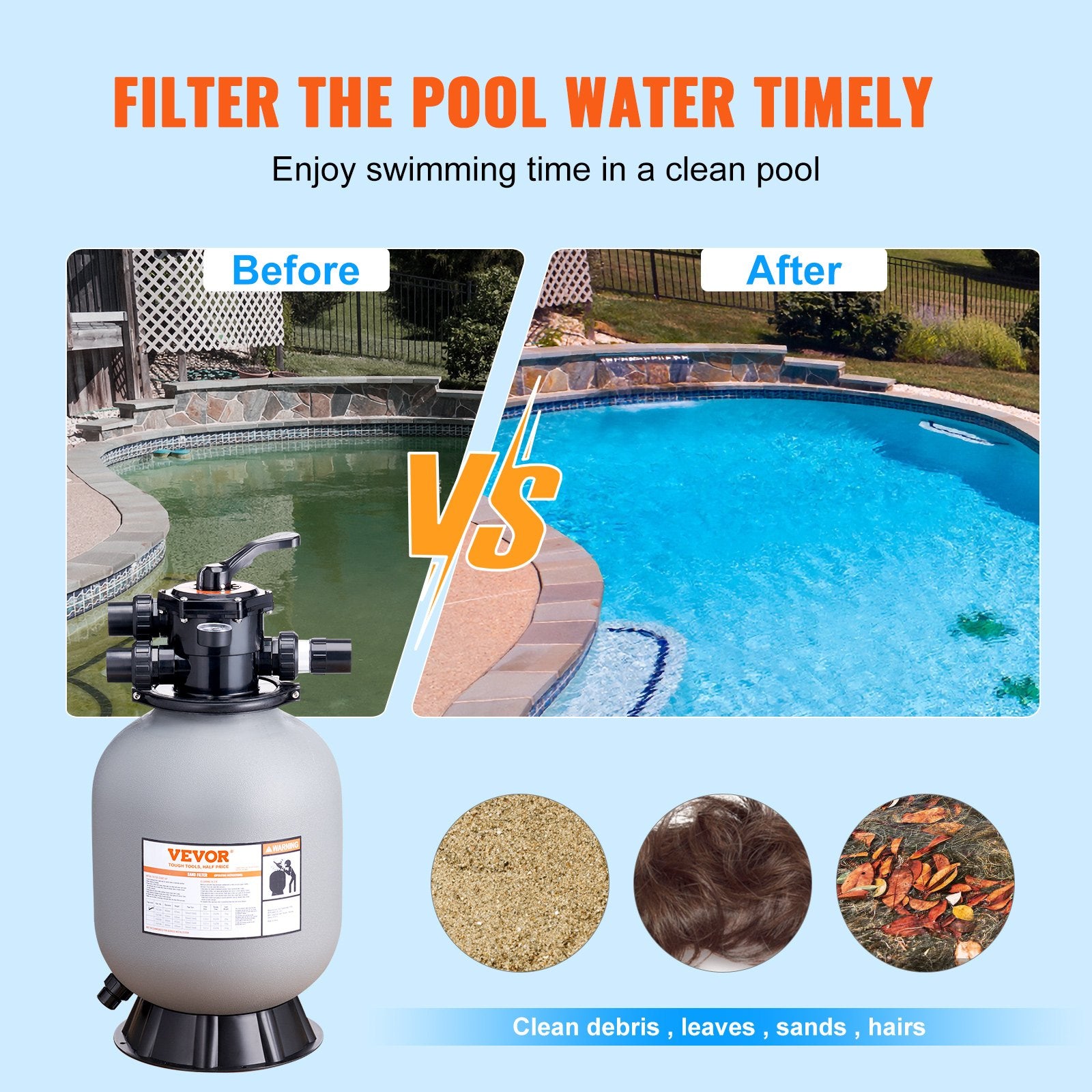 Sand Filter, 16-inch, 406.4mm, Up to 35 GPM Flow Rate, Above Inground Swimming Pool Sand Filter System with V952-SLQYC1635GPM7QADPV0