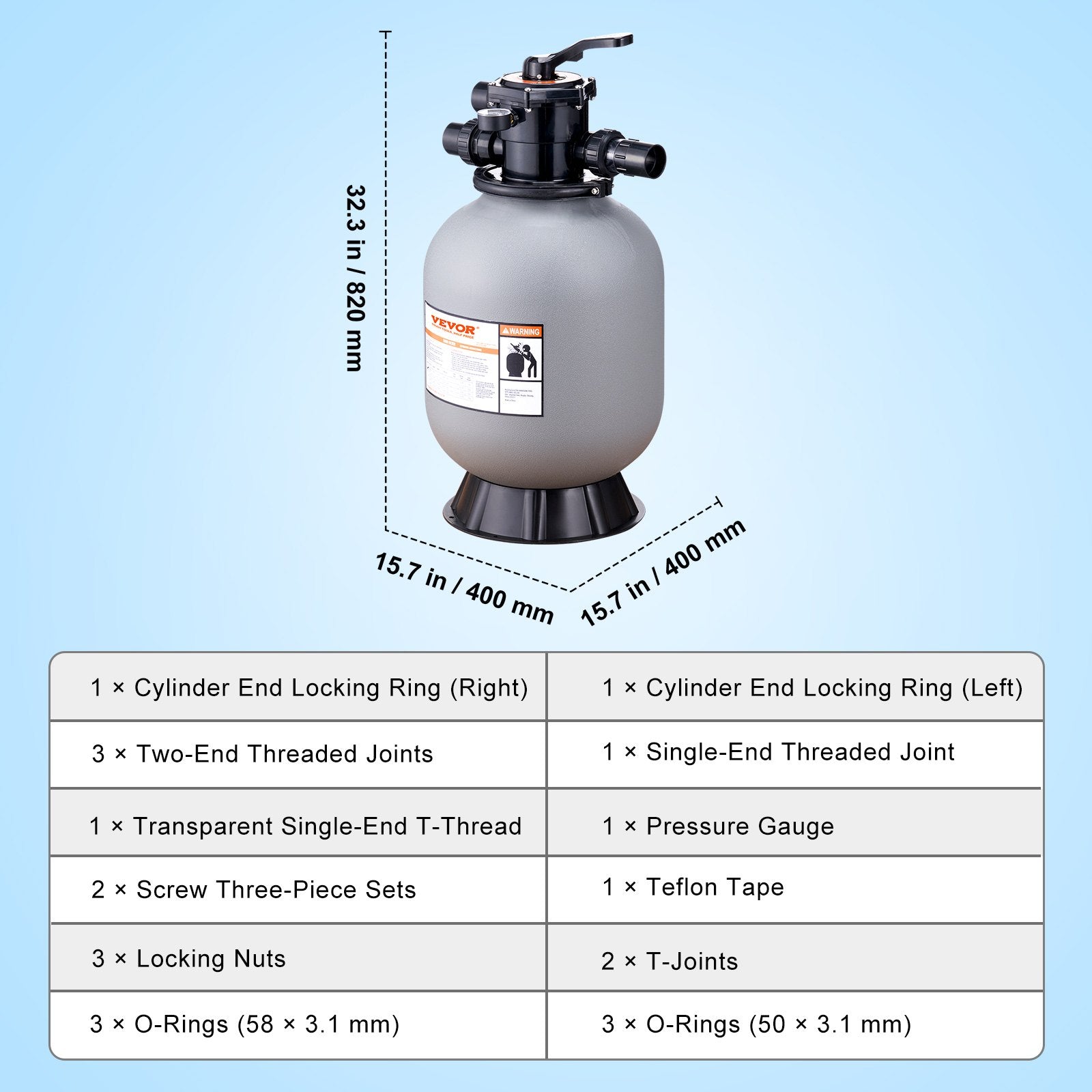 Sand Filter, 16-inch, 406.4mm, Up to 35 GPM Flow Rate, Above Inground Swimming Pool Sand Filter System with V952-SLQYC1635GPM7QADPV0