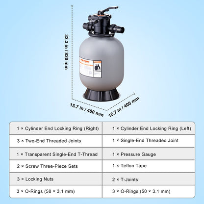Sand Filter, 16-inch, 406.4mm, Up to 35 GPM Flow Rate, Above Inground Swimming Pool Sand Filter System with V952-SLQYC1635GPM7QADPV0