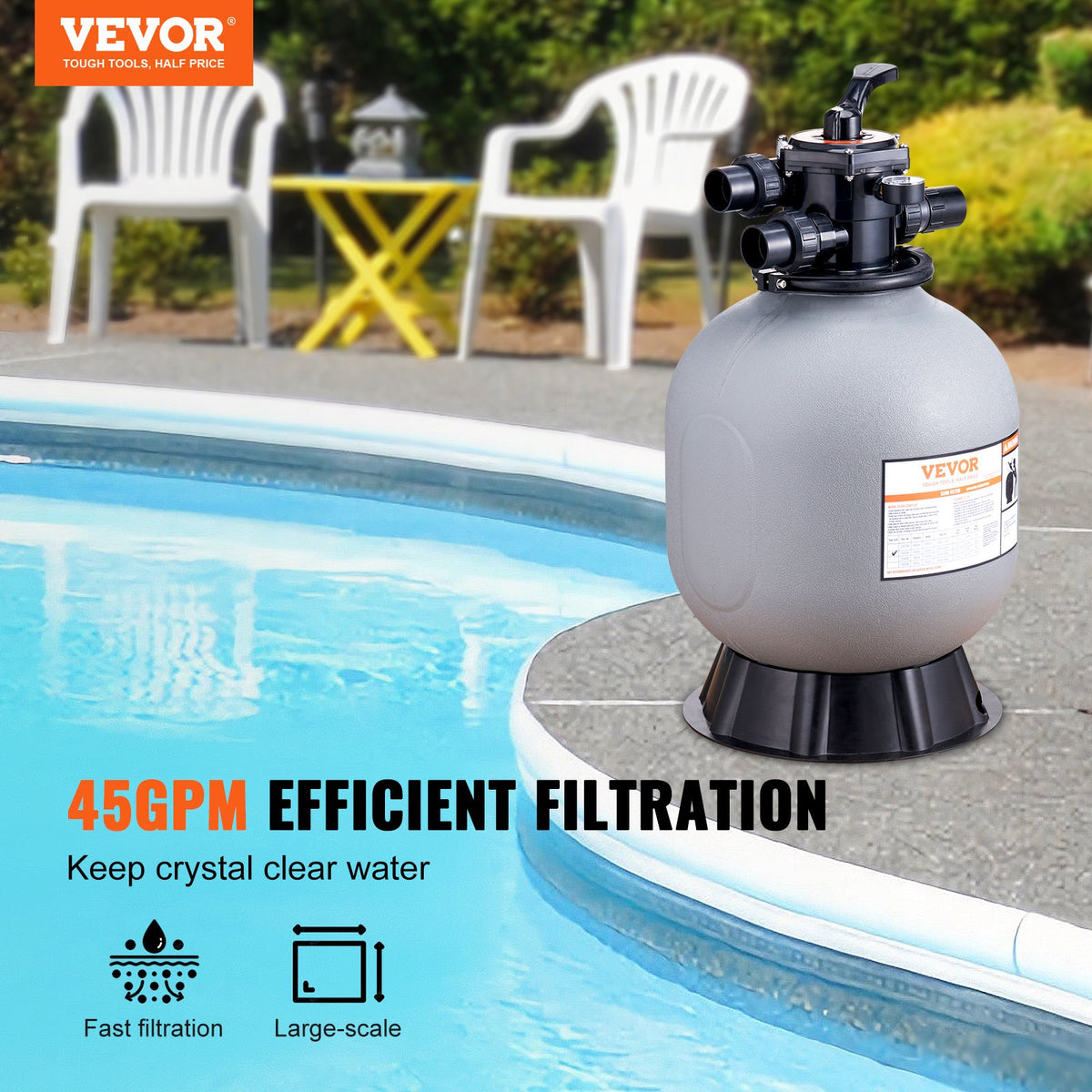 Sand Filter, 19-inch, 482.6mm, Up to 45 GPM Flow Rate, Above Inground Swimming Pool Sand Filter System with V952-SLQYC1945GPM76BDMV0