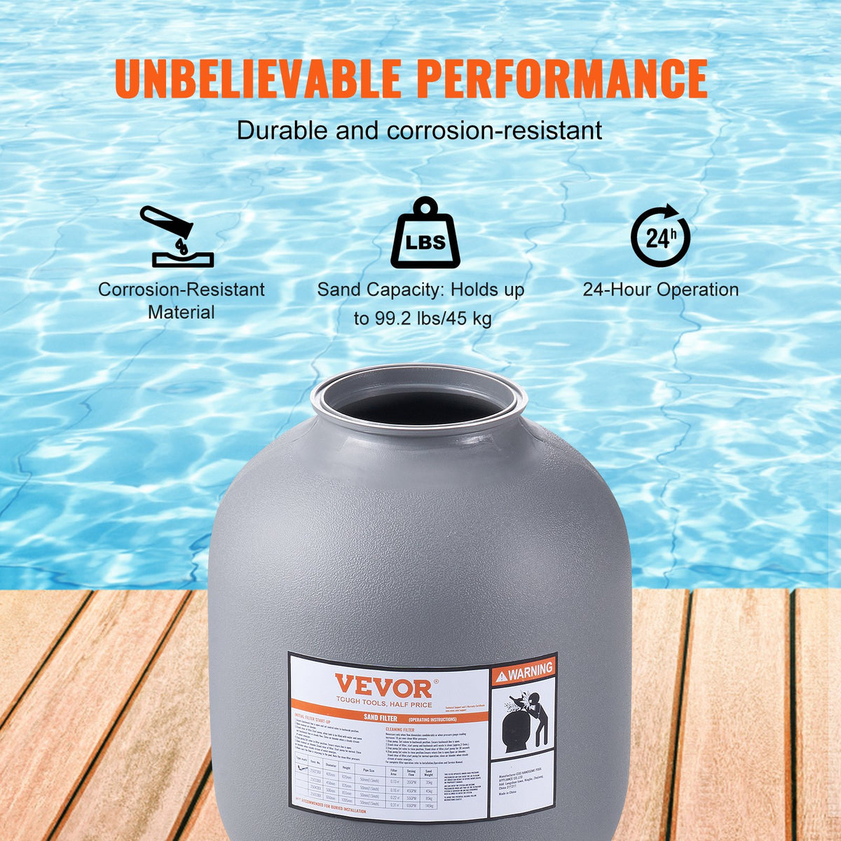 Sand Filter, 19-inch, 482.6mm, Up to 45 GPM Flow Rate, Above Inground Swimming Pool Sand Filter System with V952-SLQYC1945GPM76BDMV0