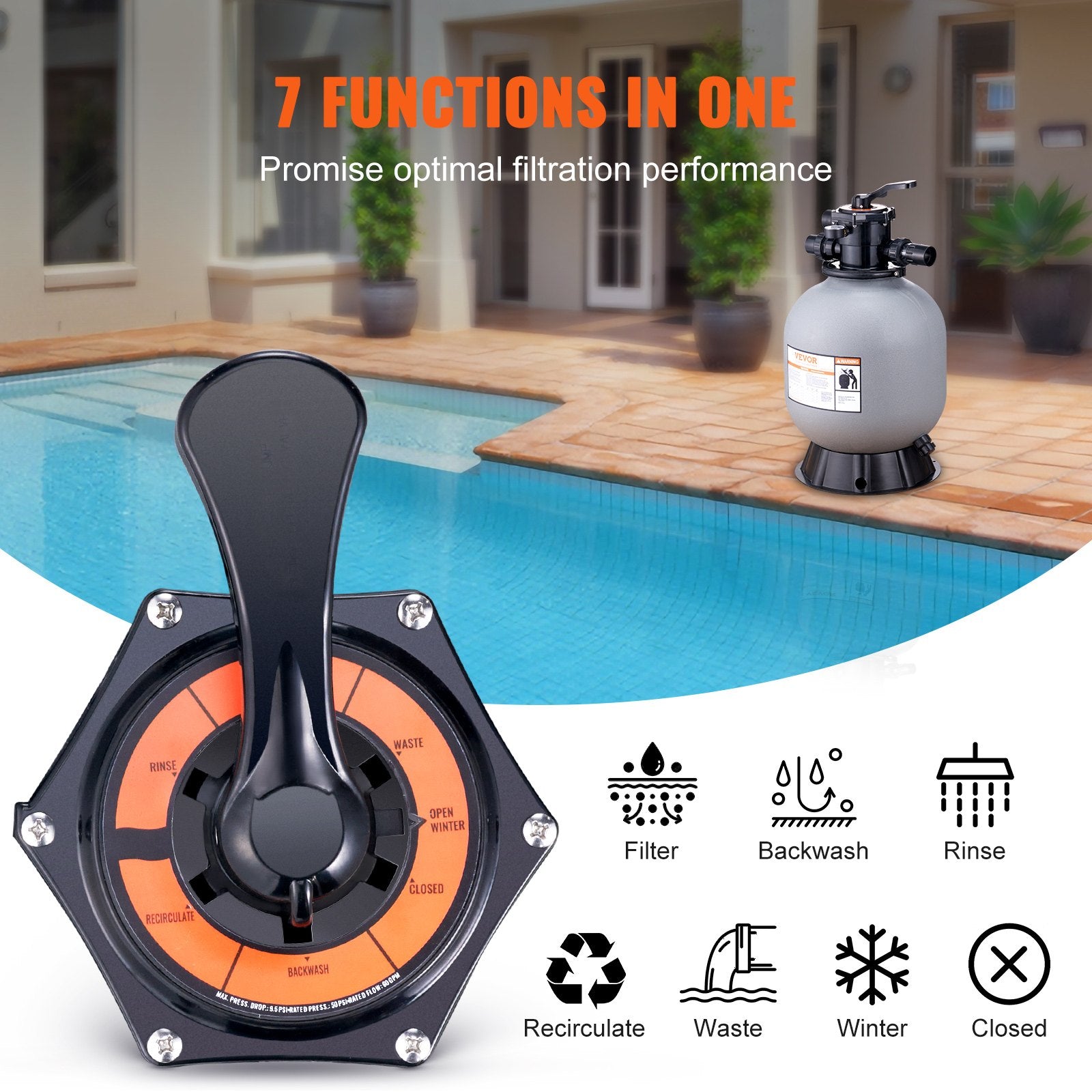 Sand Filter, 19-inch, 482.6mm, Up to 45 GPM Flow Rate, Above Inground Swimming Pool Sand Filter System with V952-SLQYC1945GPM76BDMV0