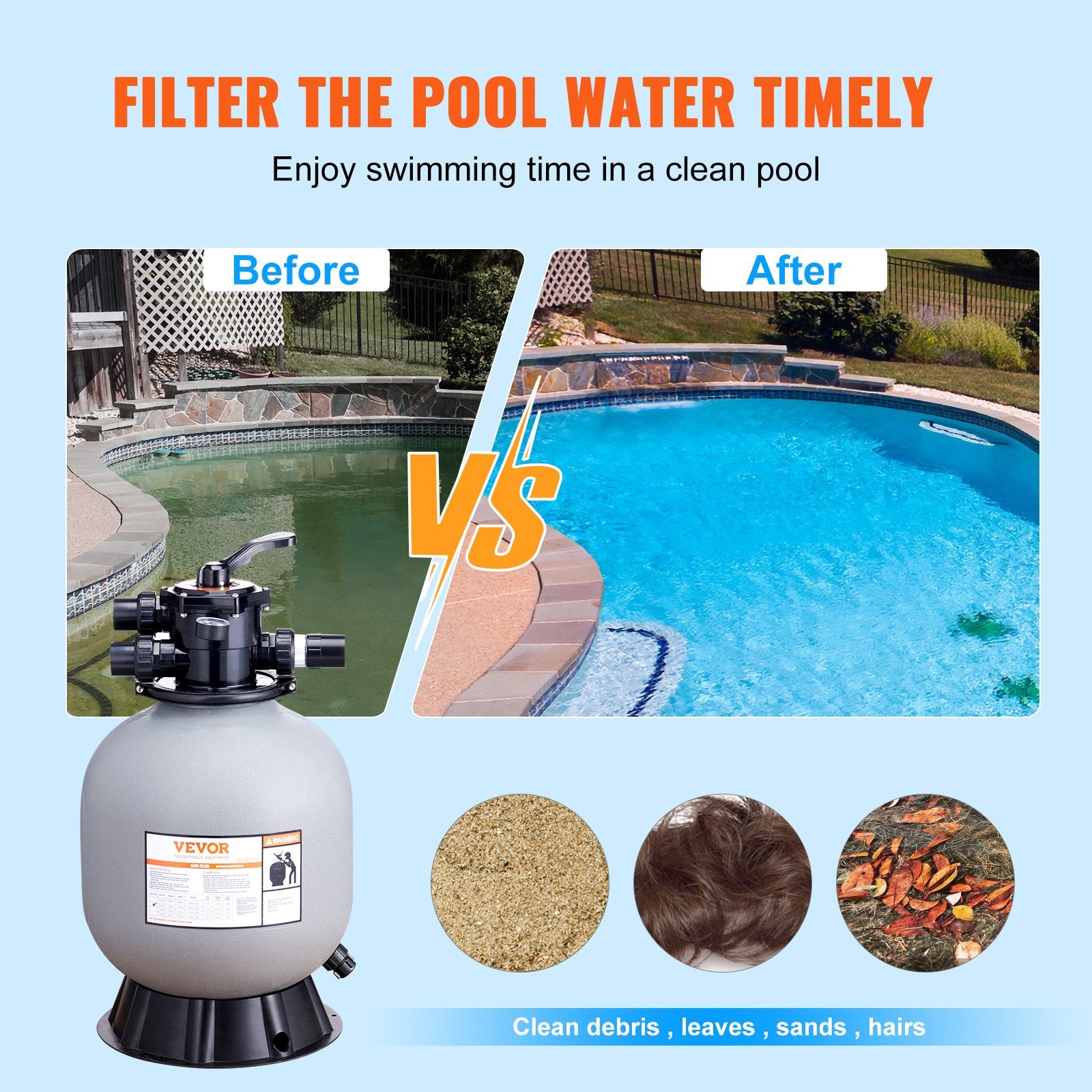 Sand Filter, 19-inch, 482.6mm, Up to 45 GPM Flow Rate, Above Inground Swimming Pool Sand Filter System with V952-SLQYC1945GPM76BDMV0