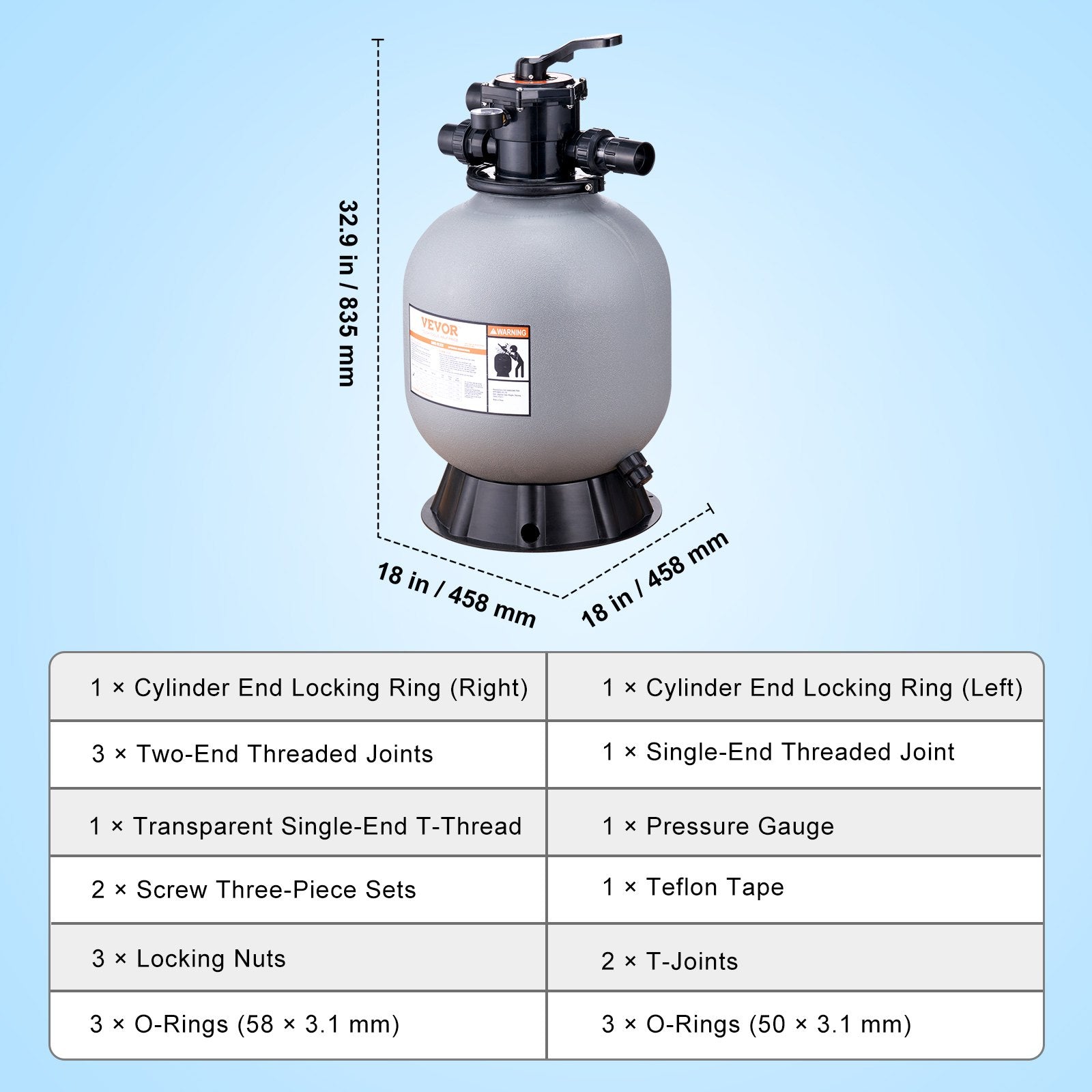 Sand Filter, 19-inch, 482.6mm, Up to 45 GPM Flow Rate, Above Inground Swimming Pool Sand Filter System with V952-SLQYC1945GPM76BDMV0