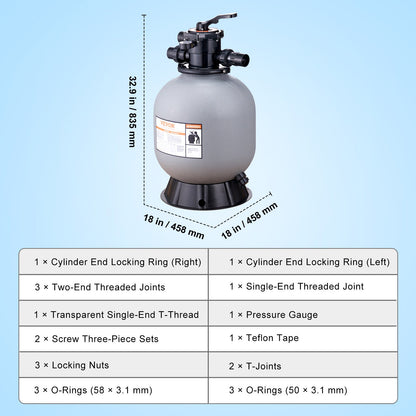 Sand Filter, 19-inch, 482.6mm, Up to 45 GPM Flow Rate, Above Inground Swimming Pool Sand Filter System with V952-SLQYC1945GPM76BDMV0