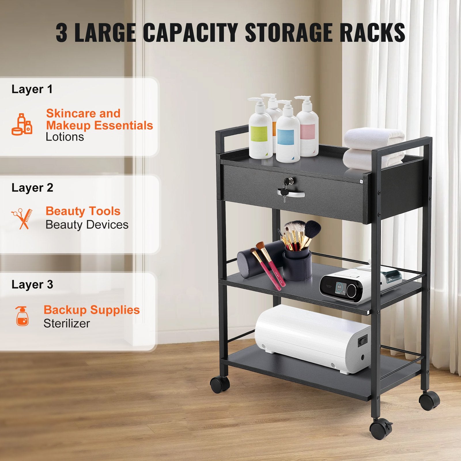 Beauty Salon Trolley Cart, 3-Tier Hair Salon Stations Cabinet for Stylist with Lockable Drawer, MDF Rolling V952-SLTCCTKHS1CMNOC7HV0
