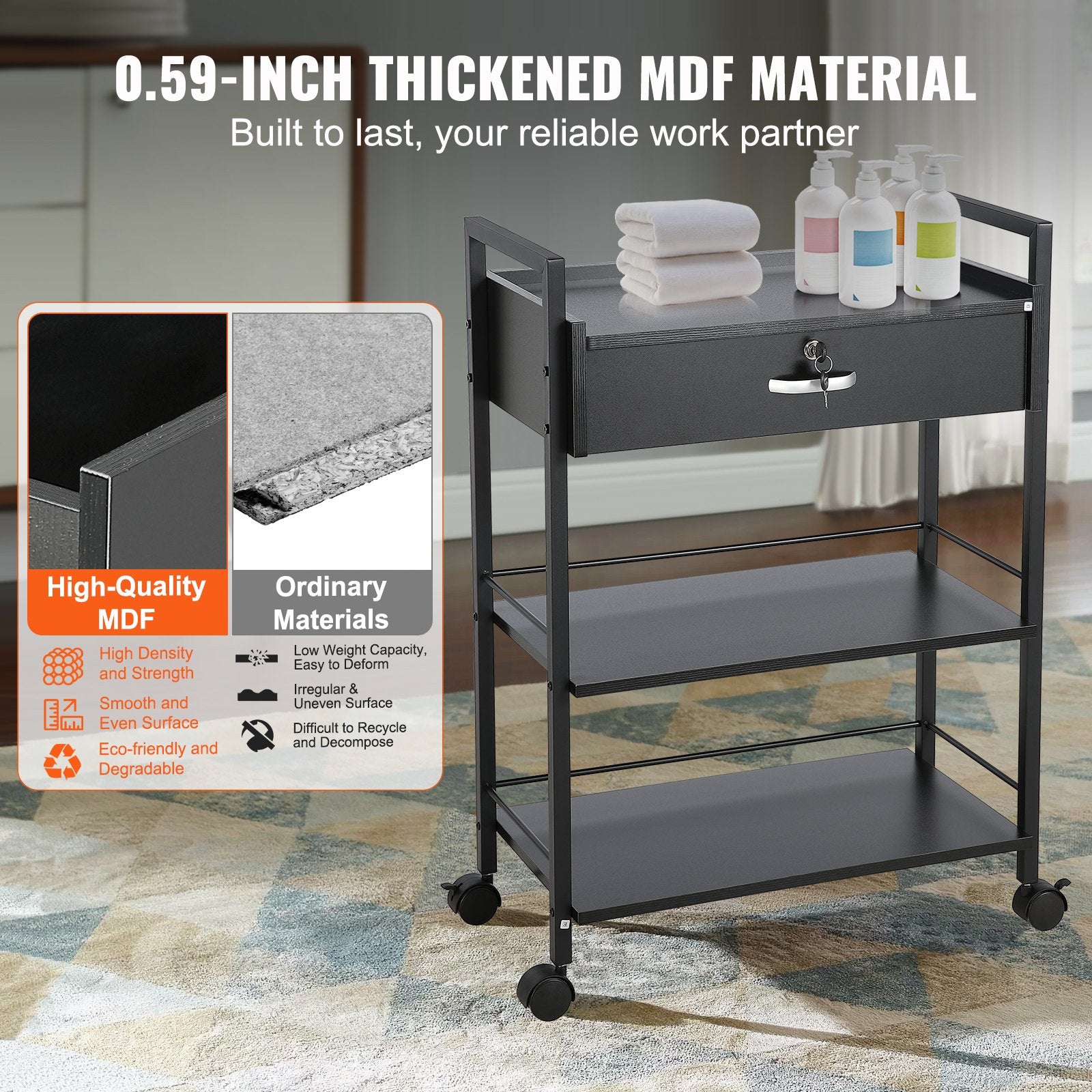 Beauty Salon Trolley Cart, 3-Tier Hair Salon Stations Cabinet for Stylist with Lockable Drawer, MDF Rolling V952-SLTCCTKHS1CMNOC7HV0