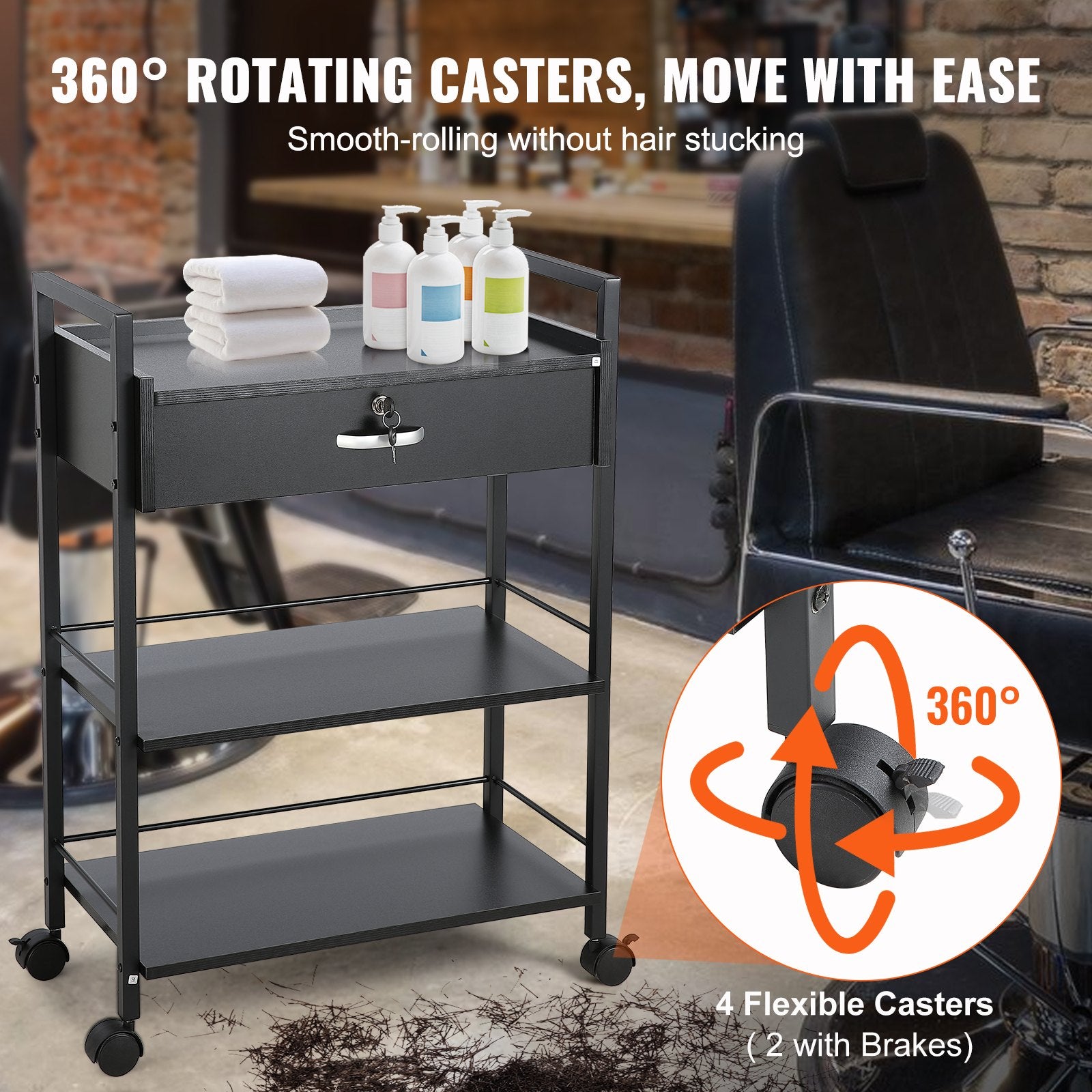 Beauty Salon Trolley Cart, 3-Tier Hair Salon Stations Cabinet for Stylist with Lockable Drawer, MDF Rolling V952-SLTCCTKHS1CMNOC7HV0