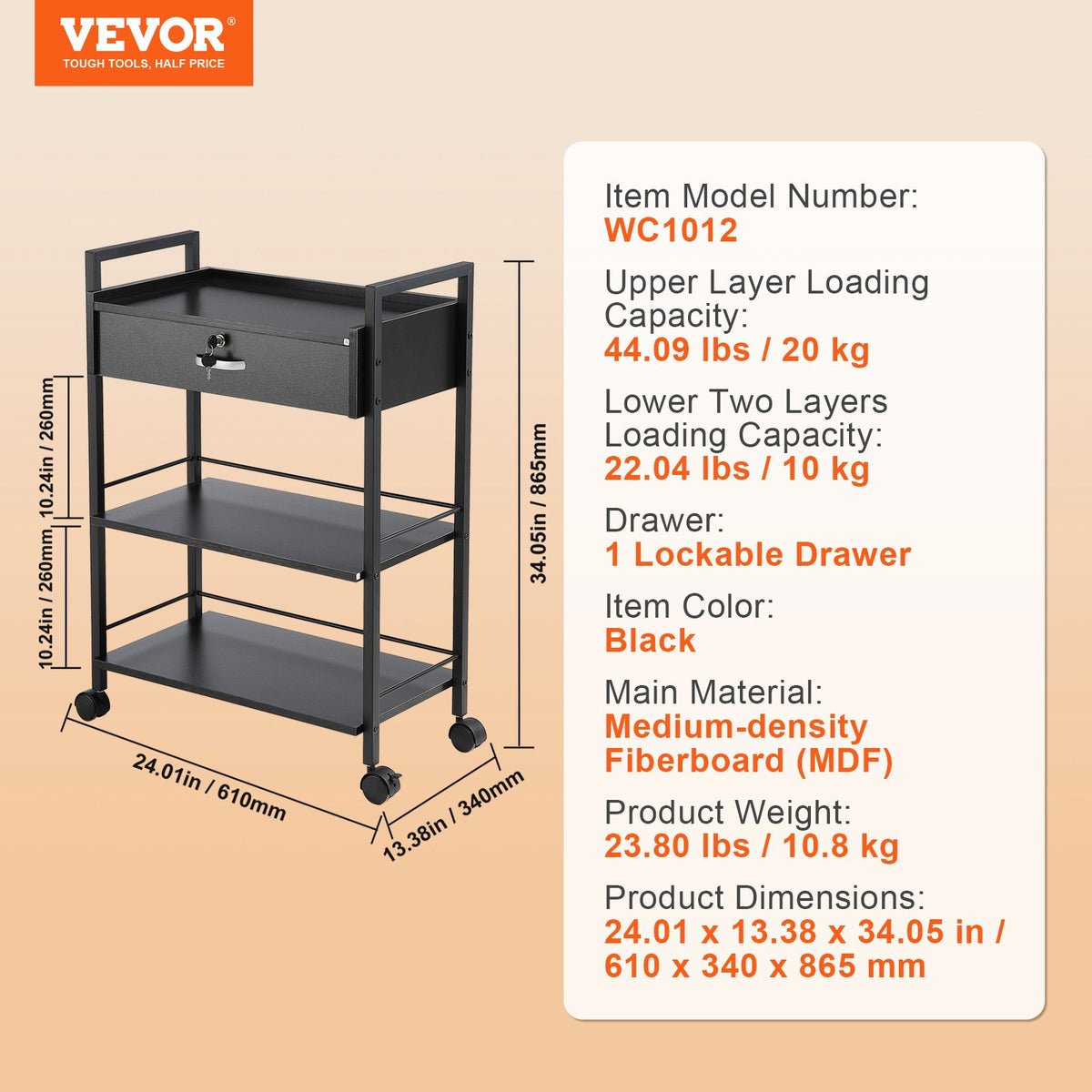 Beauty Salon Trolley Cart, 3-Tier Hair Salon Stations Cabinet for Stylist with Lockable Drawer, MDF Rolling V952-SLTCCTKHS1CMNOC7HV0