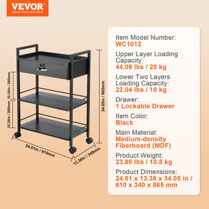Beauty Salon Trolley Cart, 3-Tier Hair Salon Stations Cabinet for Stylist with Lockable Drawer, MDF Rolling V952-SLTCCTKHS1CMNOC7HV0
