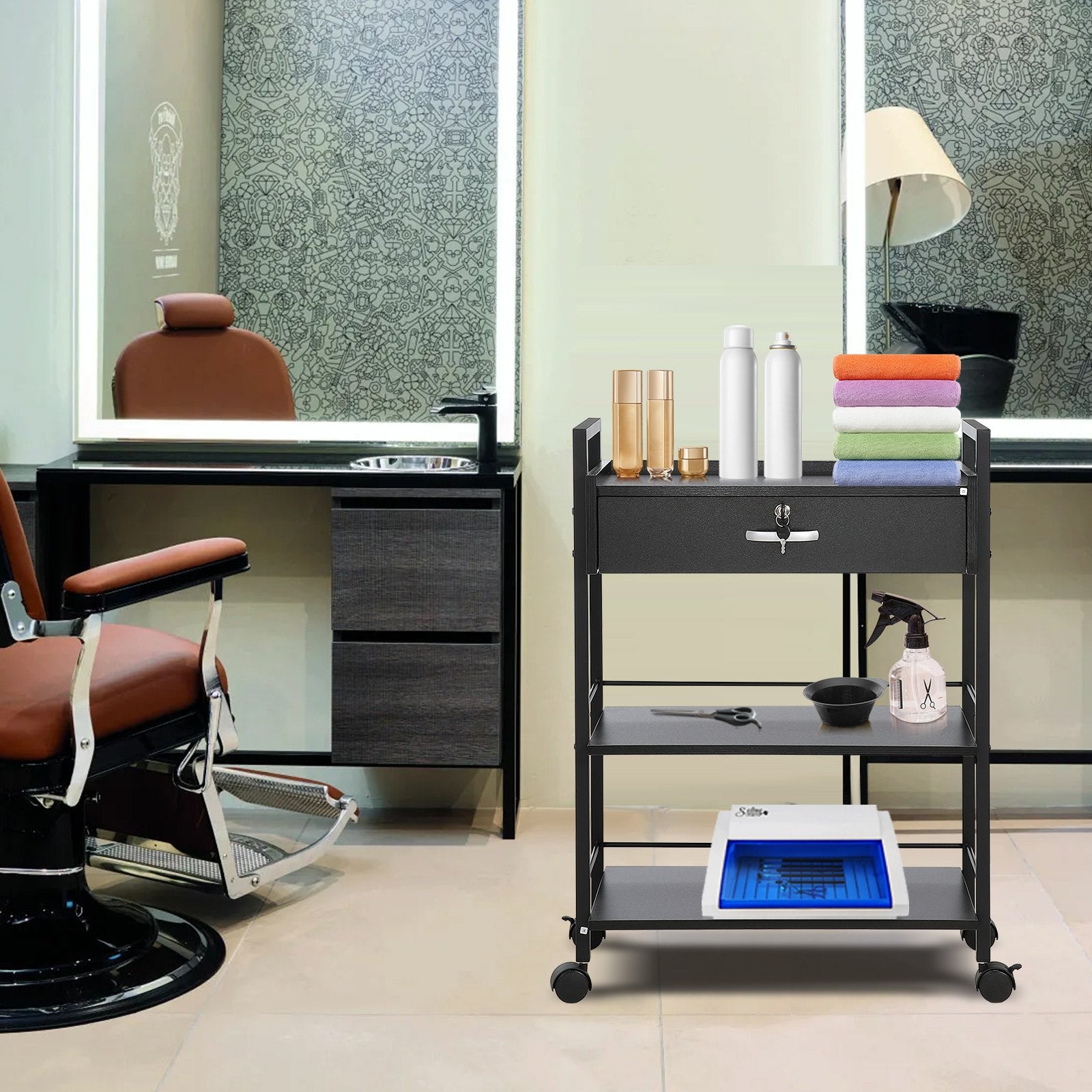 Beauty Salon Trolley Cart, 3-Tier Hair Salon Stations Cabinet for Stylist with Lockable Drawer, MDF Rolling V952-SLTCCTKHS1CMNOC7HV0