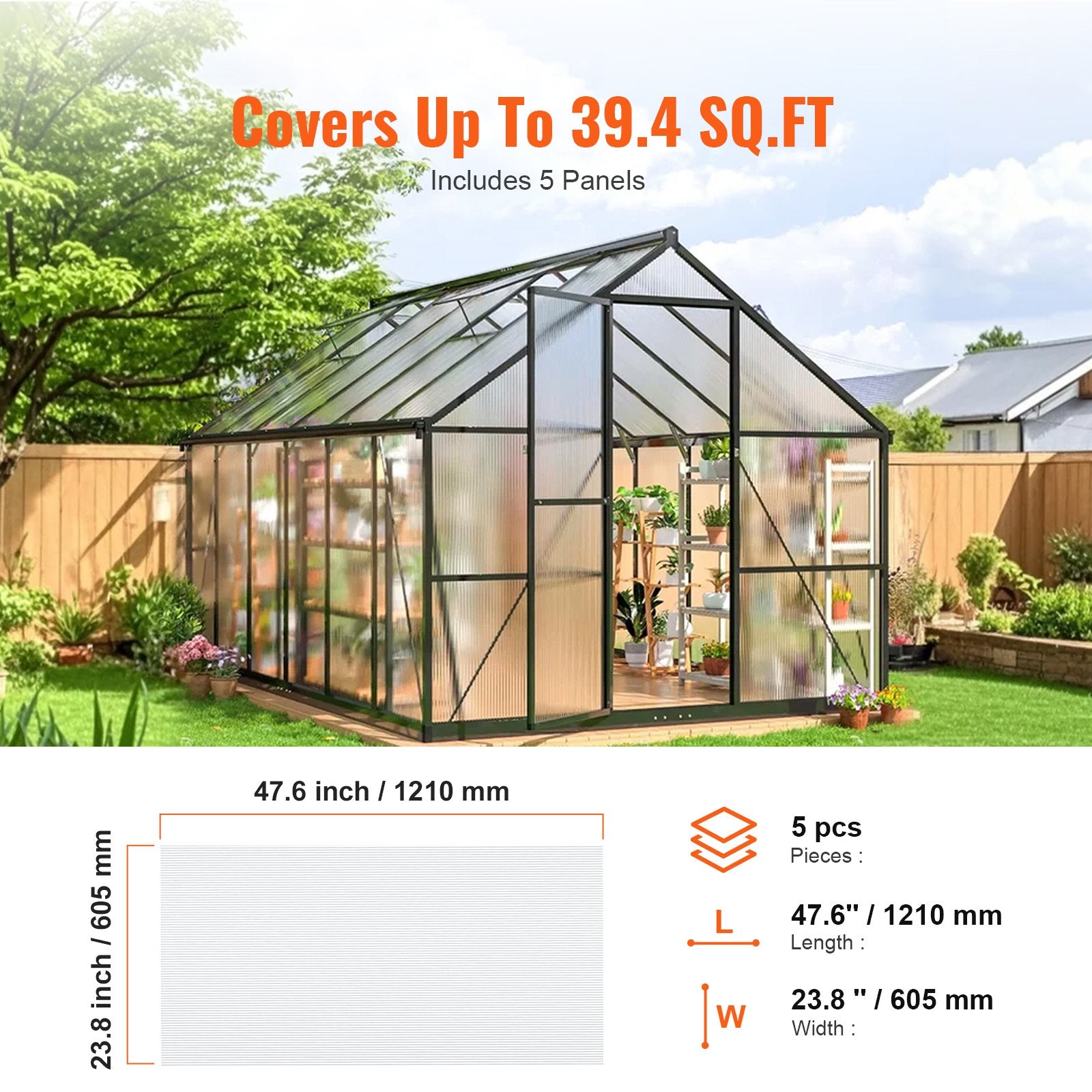 5 Pack Polycarbonate Greenhouse Panels 2' X 4' X 0.32'' Roof Sheets V952-SLWDBBSTM4FTWDFTVV0