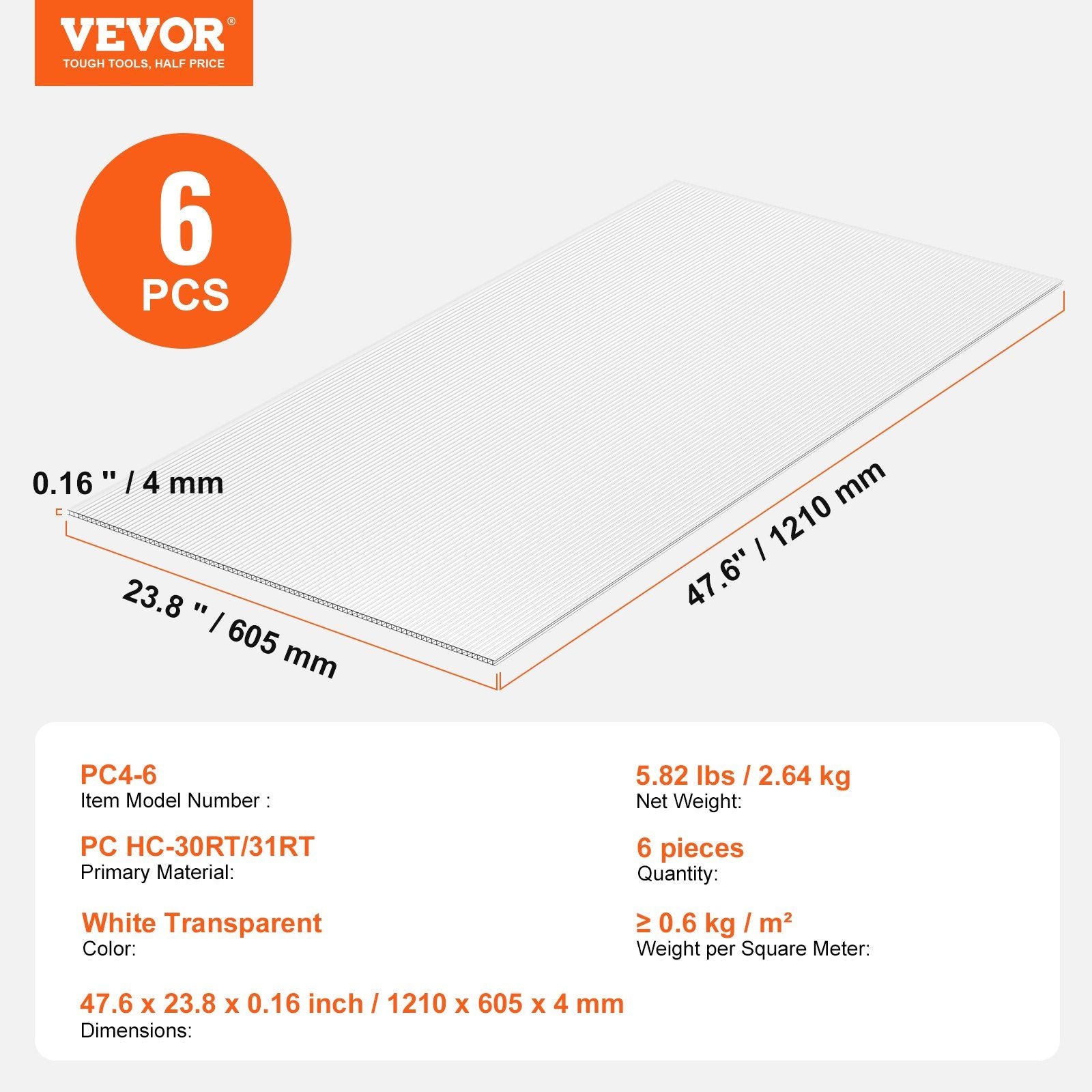 6 Pack Polycarbonate Greenhouse Panels, 3.96' x 1.98' x 0.157" Roof Panels Sheets, Waterproof UV Protected V952-SLWDBBSTM6J03UTBJV0