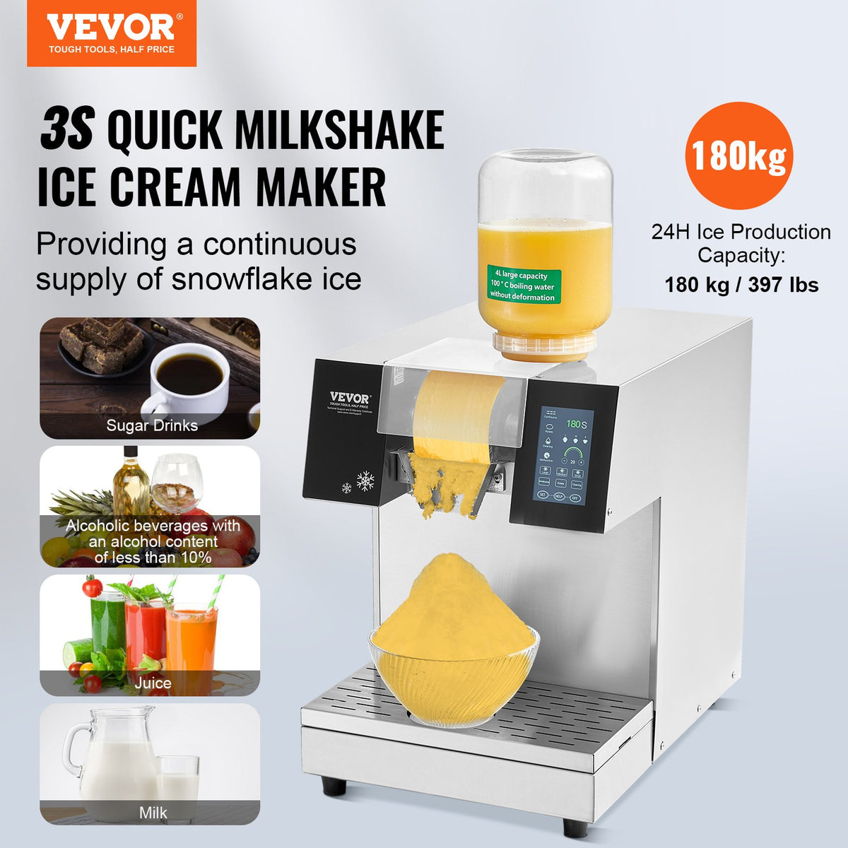 Commercial Snowflake Ice Machine, 397LBS/24H Snowflake Ice Maker, Stainless Steel Ice Shaver Machine, V952-SLXNBJCMYJP1SWA5FV3