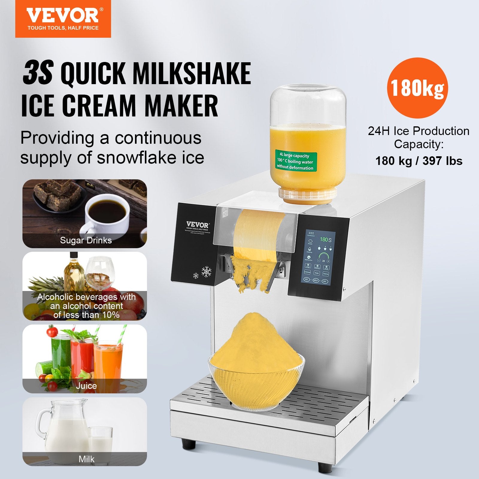 Commercial Snowflake Ice Machine, 397LBS/24H Snowflake Ice Maker, Stainless Steel Ice Shaver Machine, V952-SLXNBJCMYJP1SWA5FV3