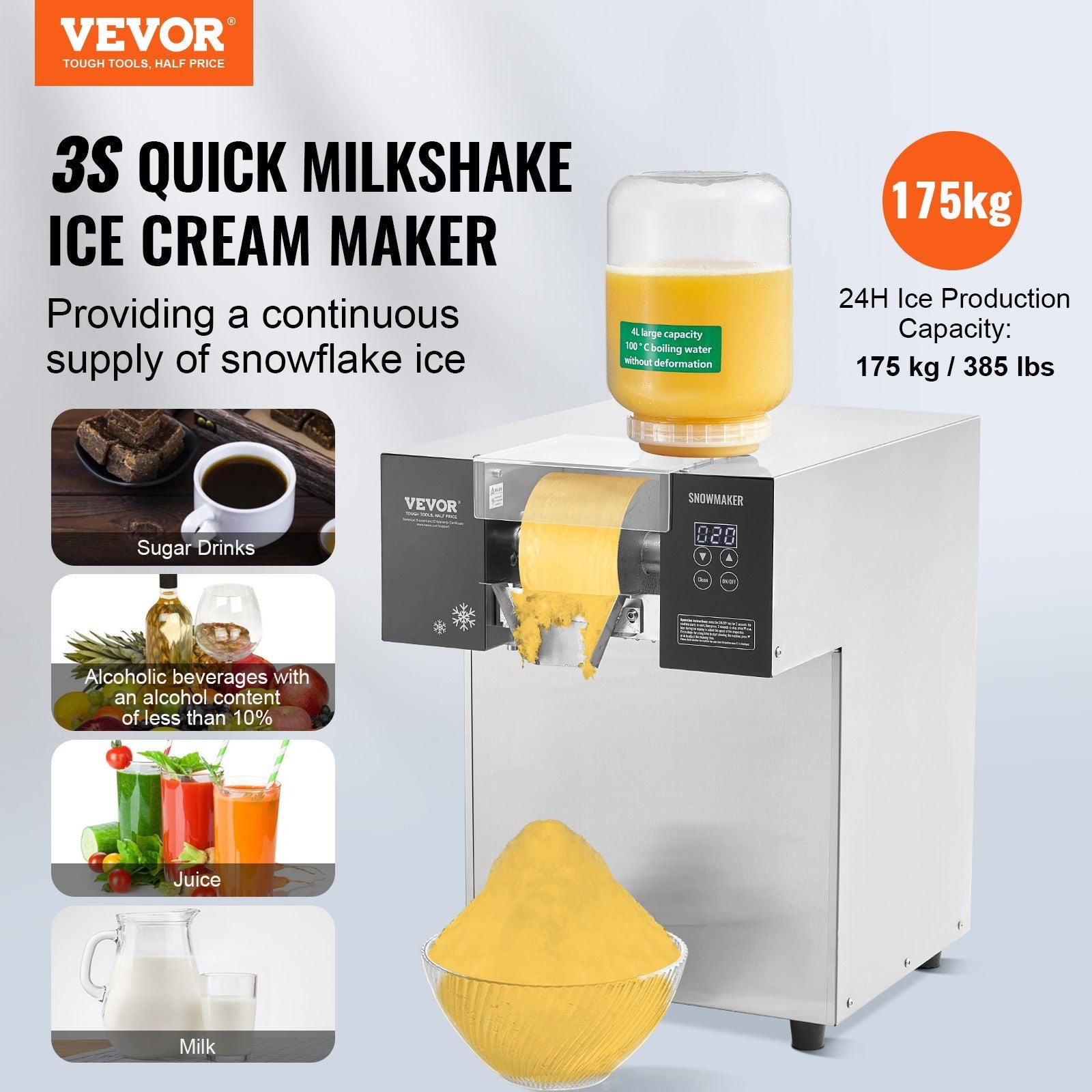 Commercial Snowflake Ice Machine, 385LBS/24H Snowflake Ice Maker, Stainless Steel Ice Shaver Machine, V952-SLXNBJLEDPCMFRQHJV3