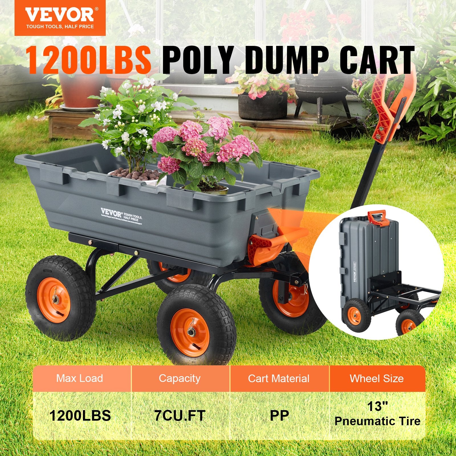 Dump Cart, Poly Garden Dump Cart with Easy to Assemble Steel Frame, Dump Wagon with 2-in-1 Convertible V952-SLZXTC1200B0XEEV4V0
