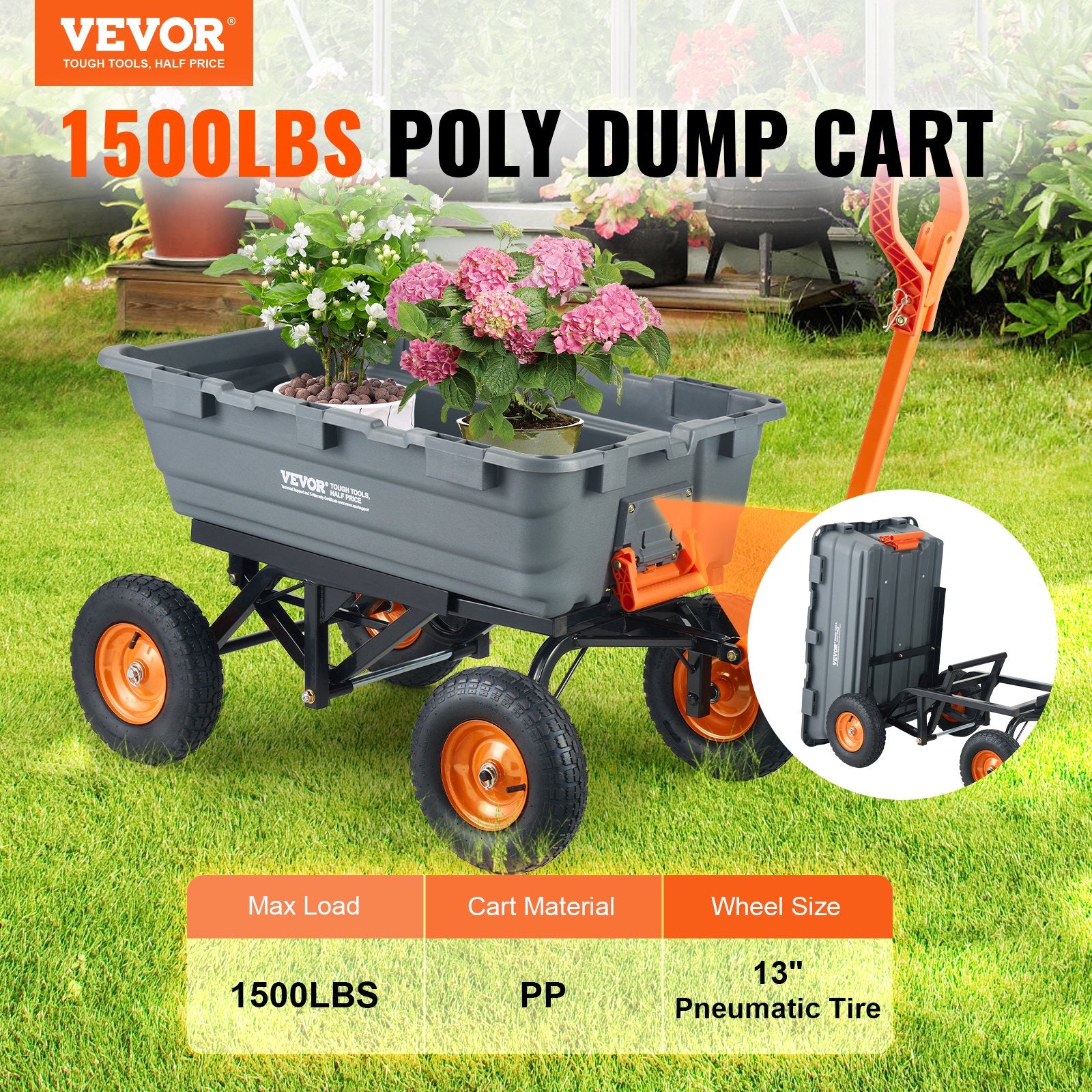 Dump Cart, Poly Garden Dump Cart with Easy to Assemble Steel Frame, Dump Wagon with 2-in-1 Convertible V952-SLZXTC1500B0FP7ZKV0