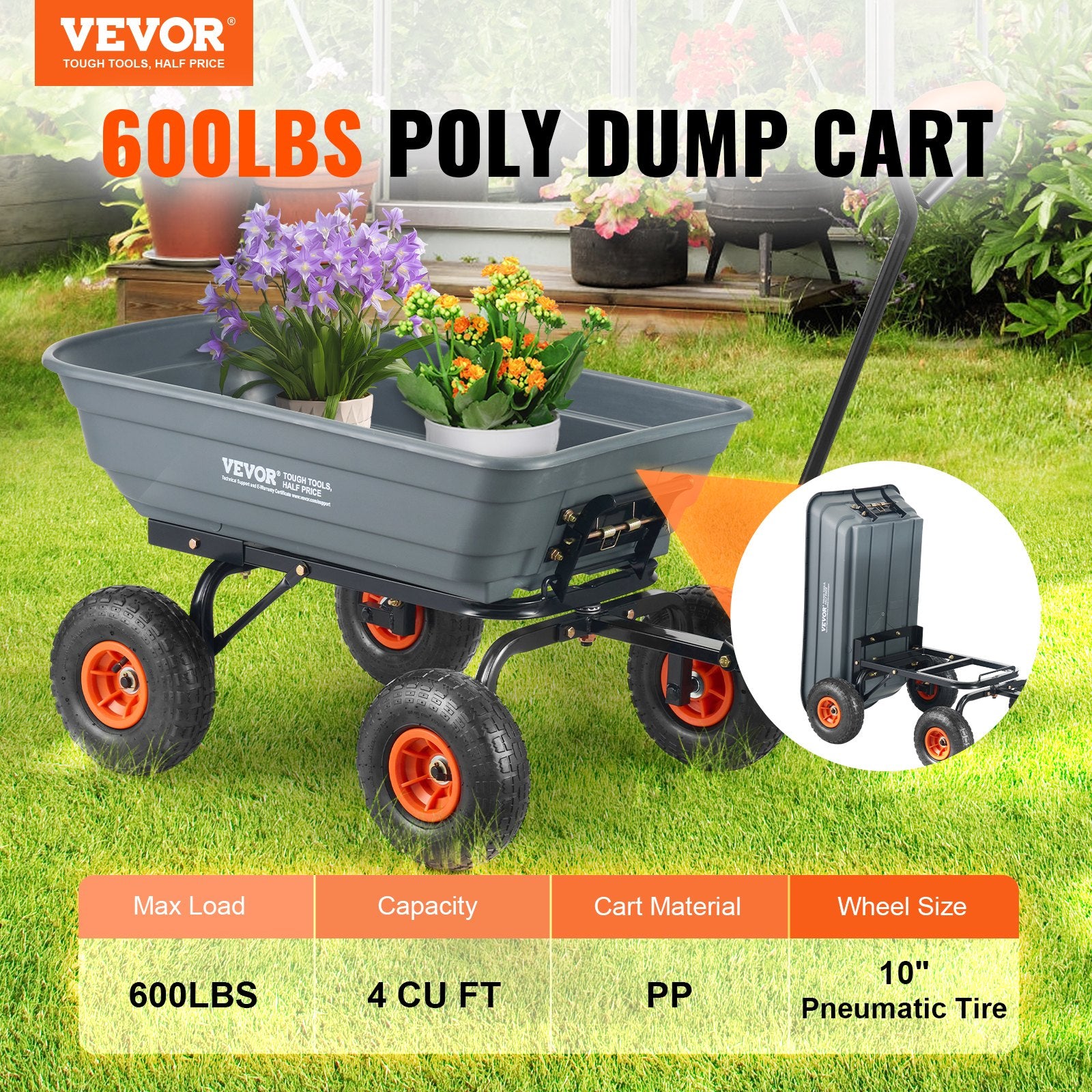 Dump Cart, Poly Garden Dump Cart with Easy to Assemble Steel Frame, Dump Wagon with 2-in-1 Convertible V952-SLZXTC600B005GQJAV0