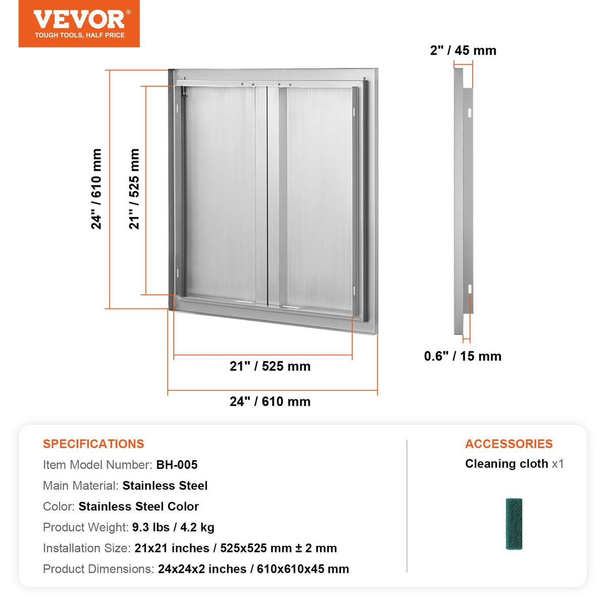 BBQ Access Door, 610x610 mm Double Outdoor Kitchen Door, Stainless Steel Flush Mount Door, Wall Vertical Door V952-SMABSCJMYS24Y71UBV0