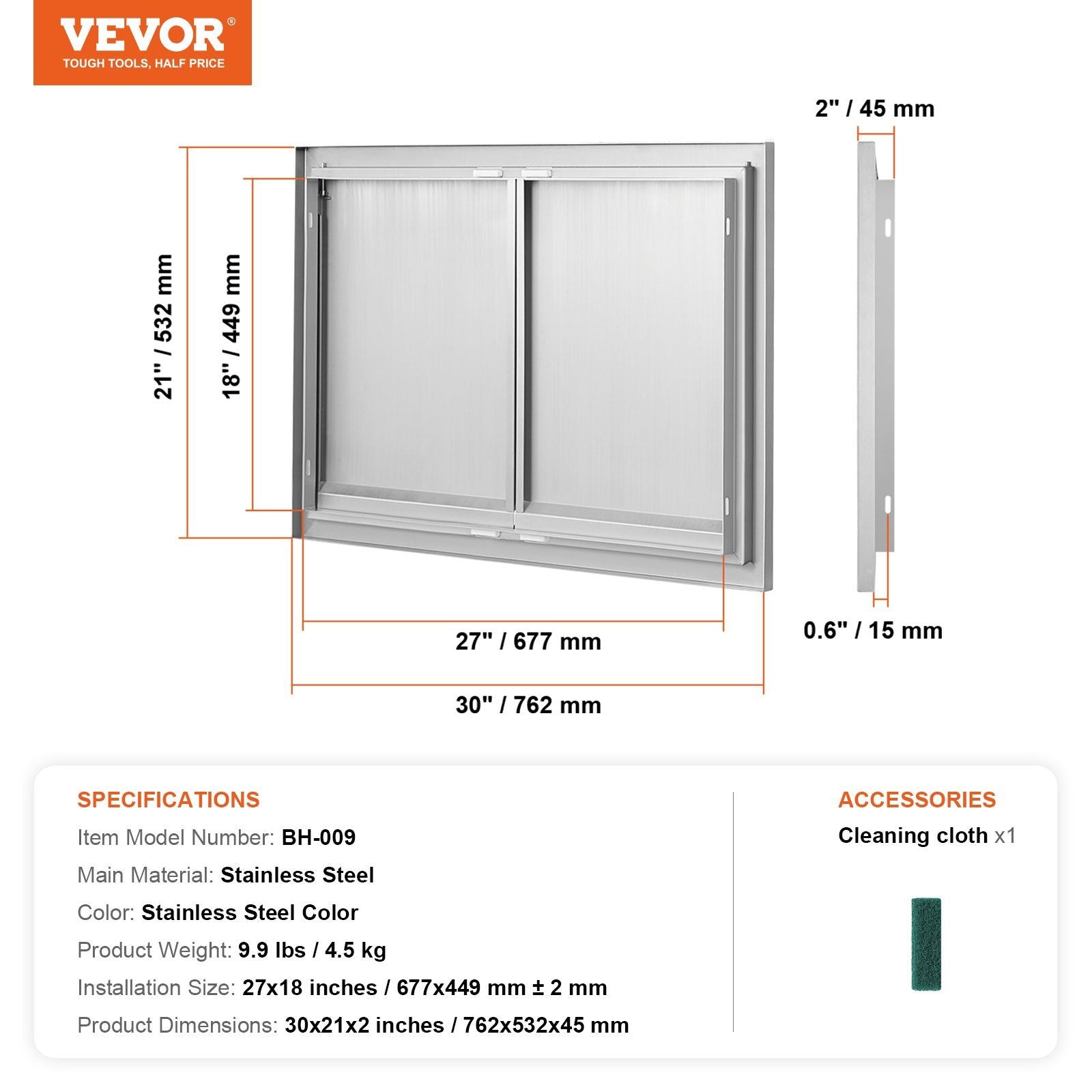BBQ Access Door, 762x532 mm Double Outdoor Kitchen Door, Stainless Steel Flush Mount Door, Wall Vertical Door V952-SMABSCJMYS30M2GZNV0