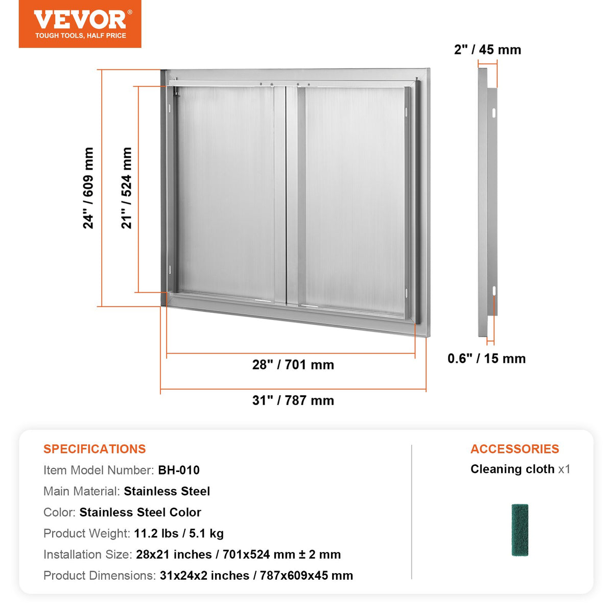 BBQ Access Door, 787x609 mm Double Outdoor Kitchen Door, Stainless Steel Flush Mount Door, Wall Vertical Door V952-SMABSCJMYS31WSG92V0