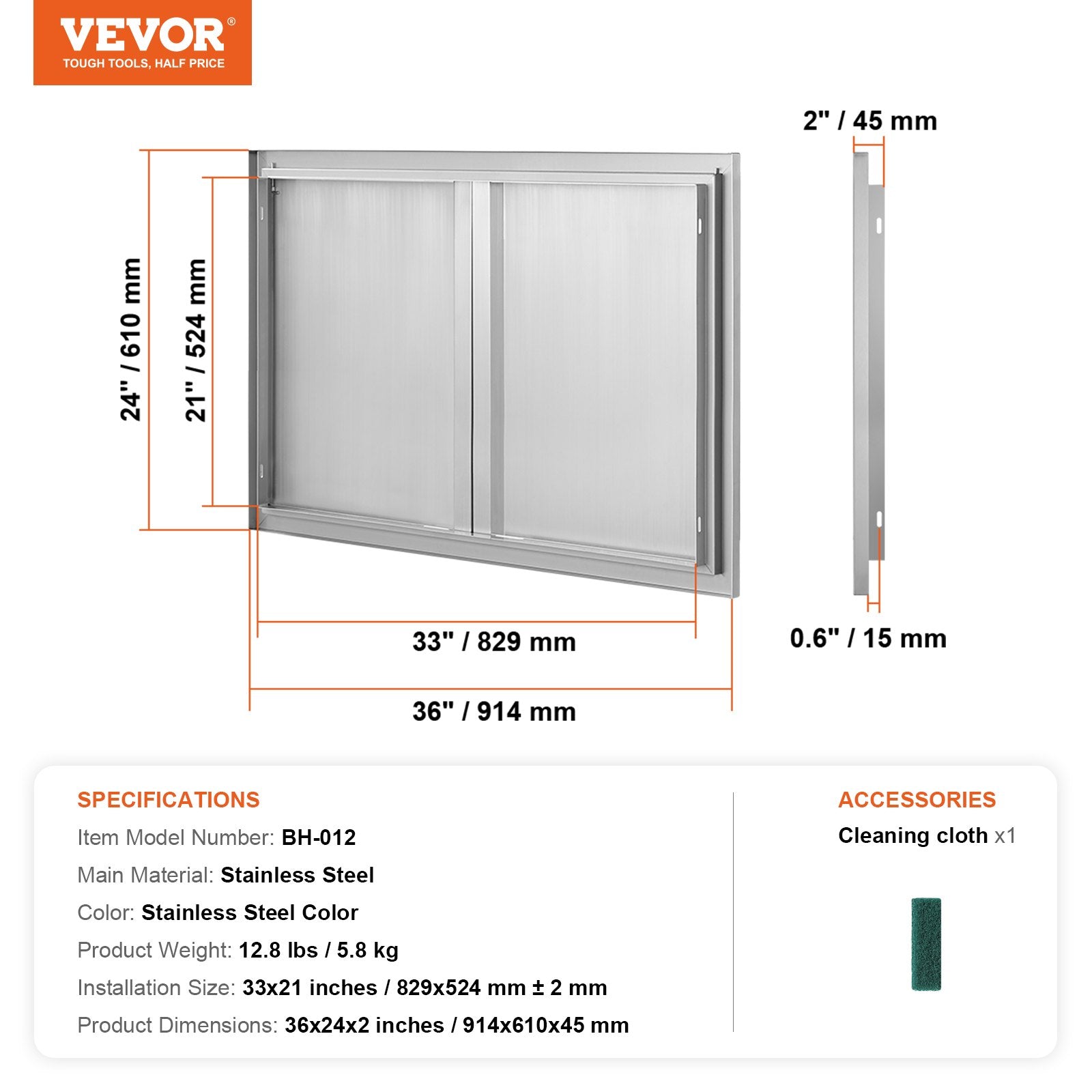 BBQ Access Door, 914x610 mm Double Outdoor Kitchen Door, Stainless Steel Flush Mount Door, Wall Vertical Door V952-SMABSCJMYS366SI1RV0